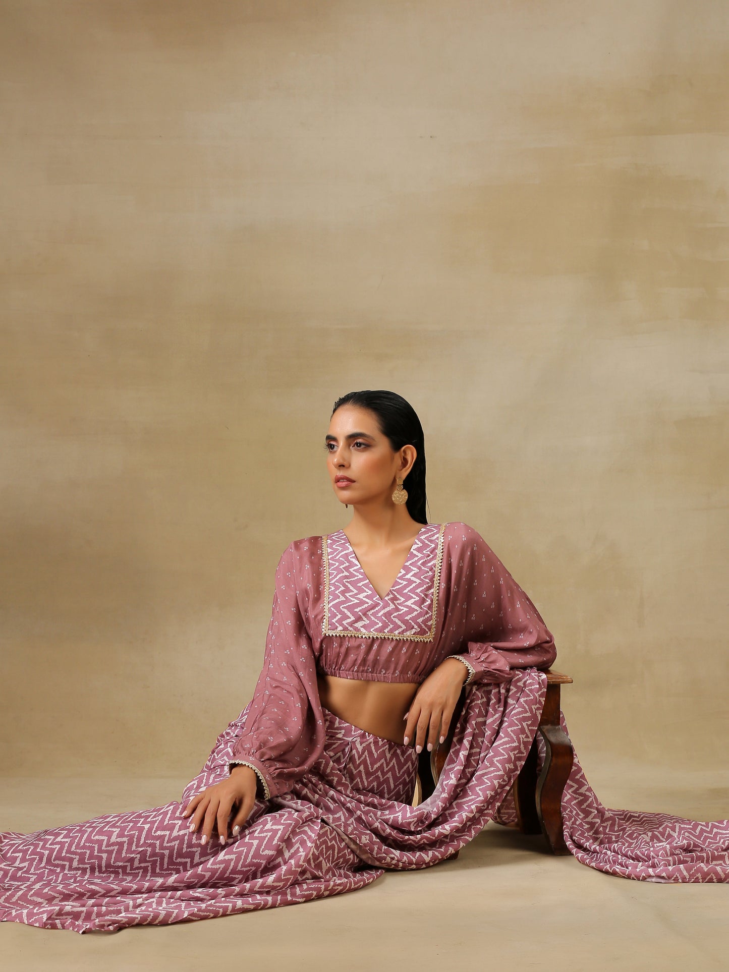 trueBrowns Dark Mauve Bandhani Printed SilkReady to Wear Saree | Swadesiicart