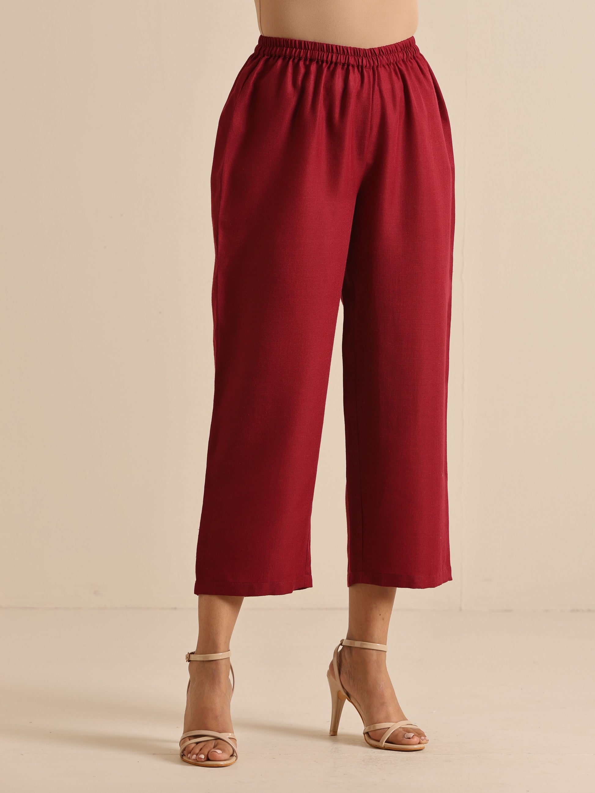 trueBrowns Maroon Slub Gathered Kurta Pant Set | Swadesiicart