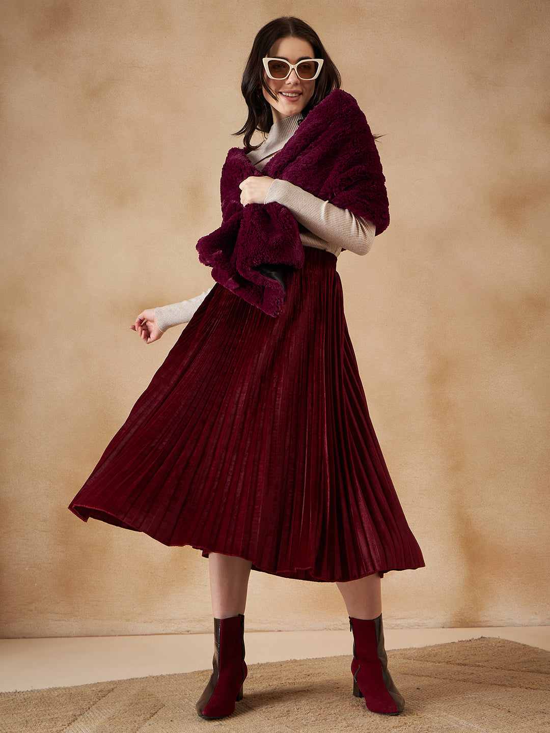 InWeave Women's Burgundy Long Faux Fur Cape - Swadesiicart