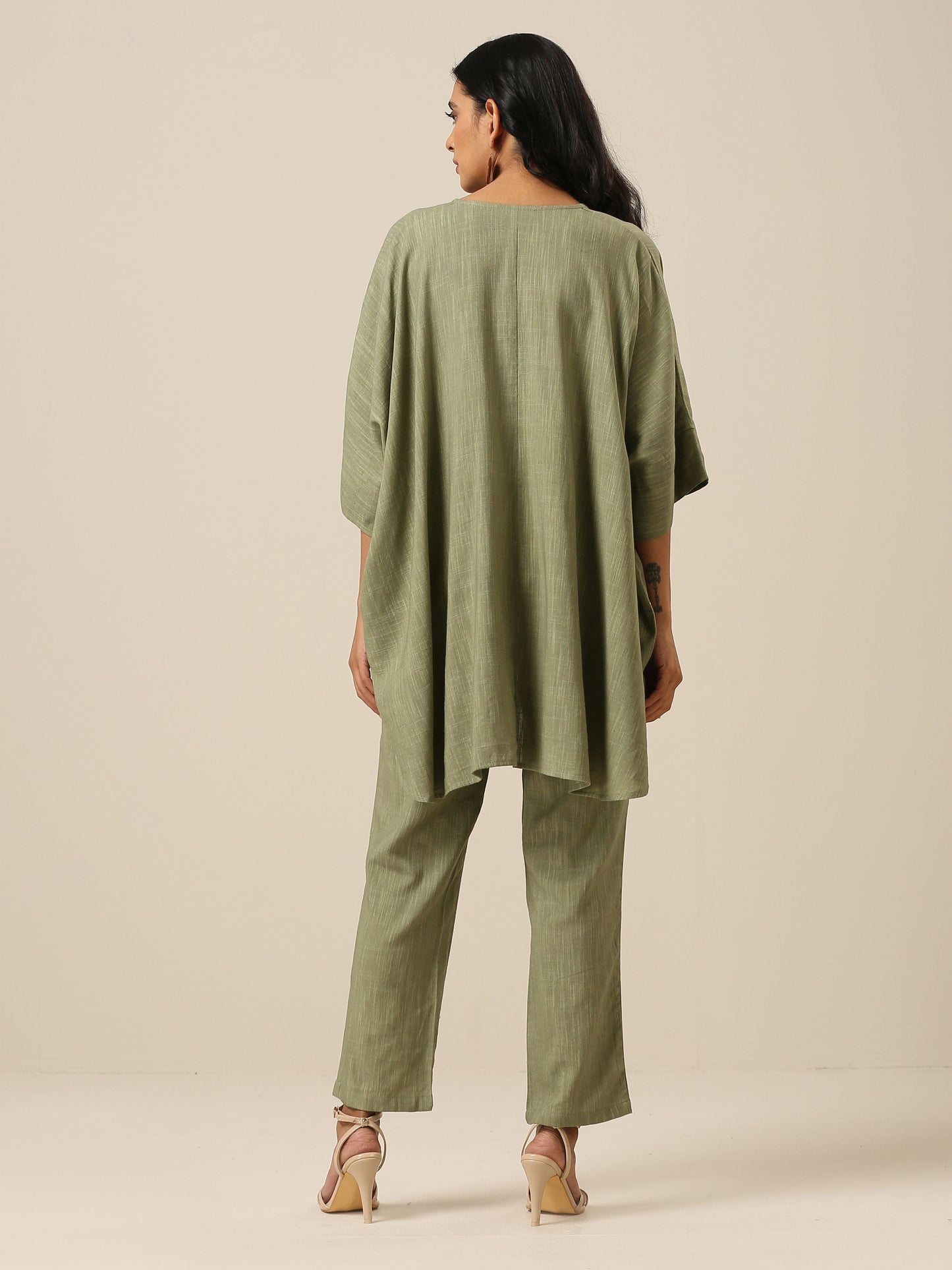trueBrowns Sage Slub Texture Boxy Fit High Low Co-Ord Set - Swadesiicart