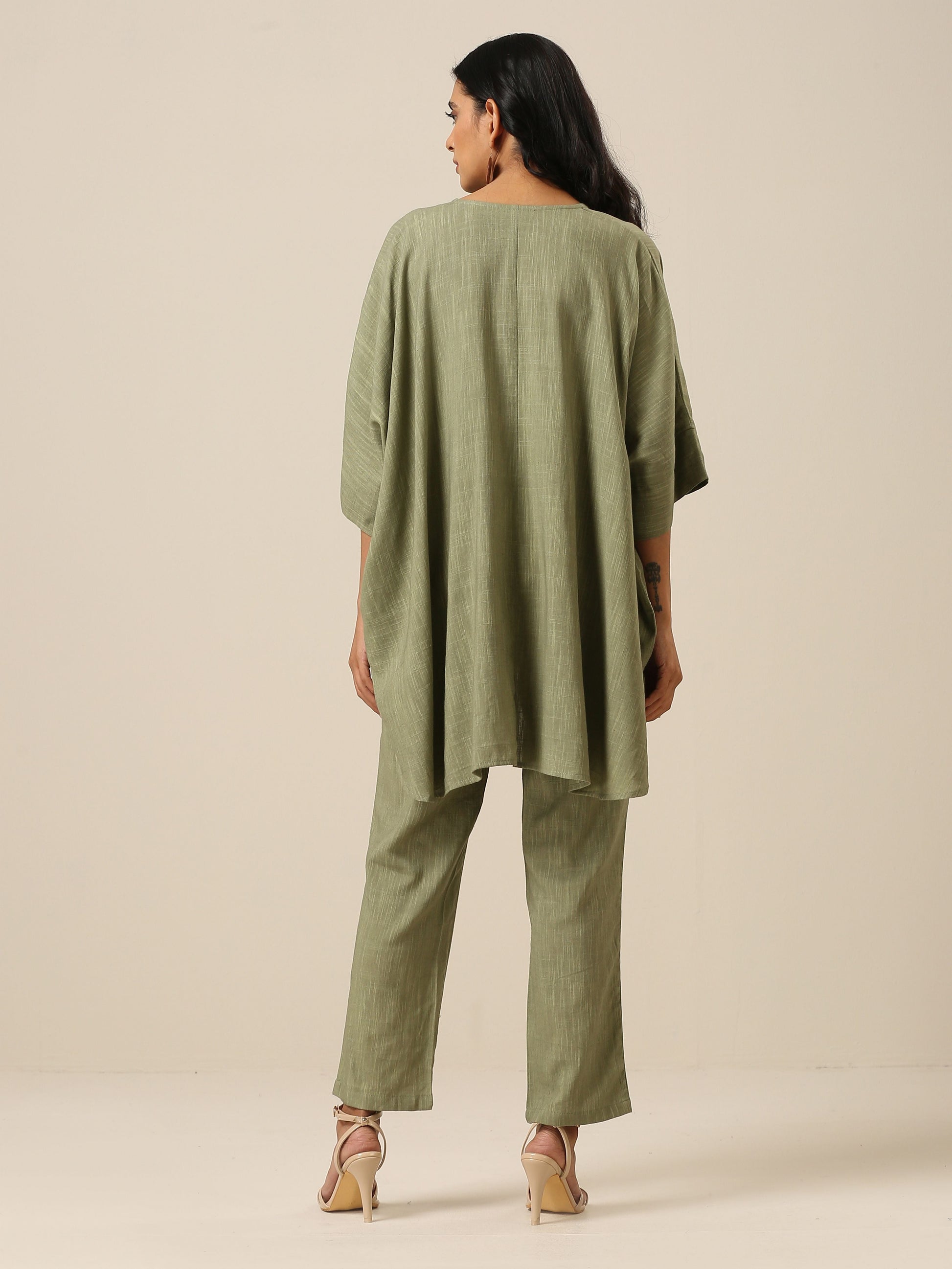 trueBrowns Sage Slub Texture Boxy Fit High Low Co-Ord Set - Swadesiicart