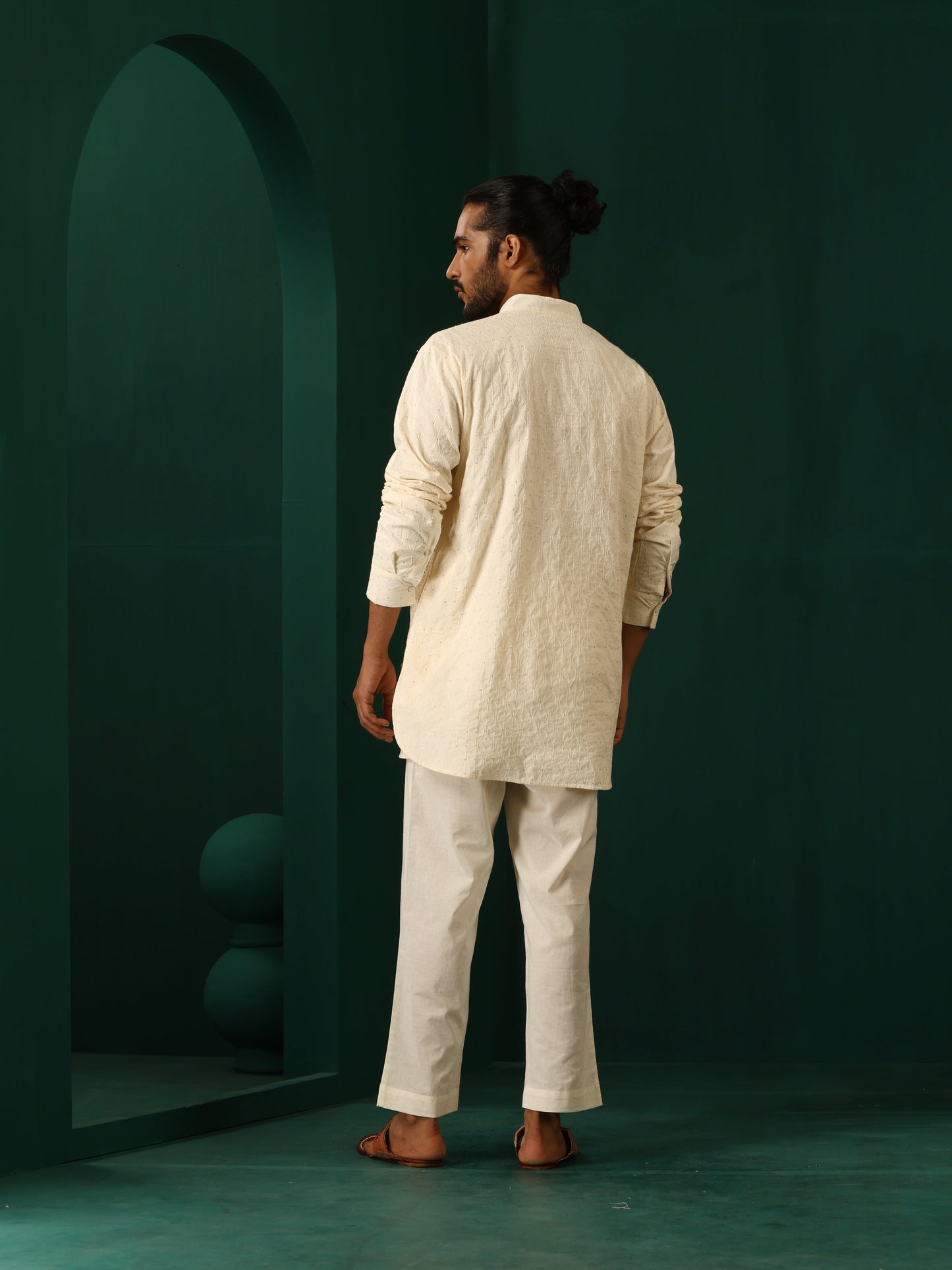 trueBrowns Men's Ivory Tonal Cotton Co-ord Set - Swadesiicart