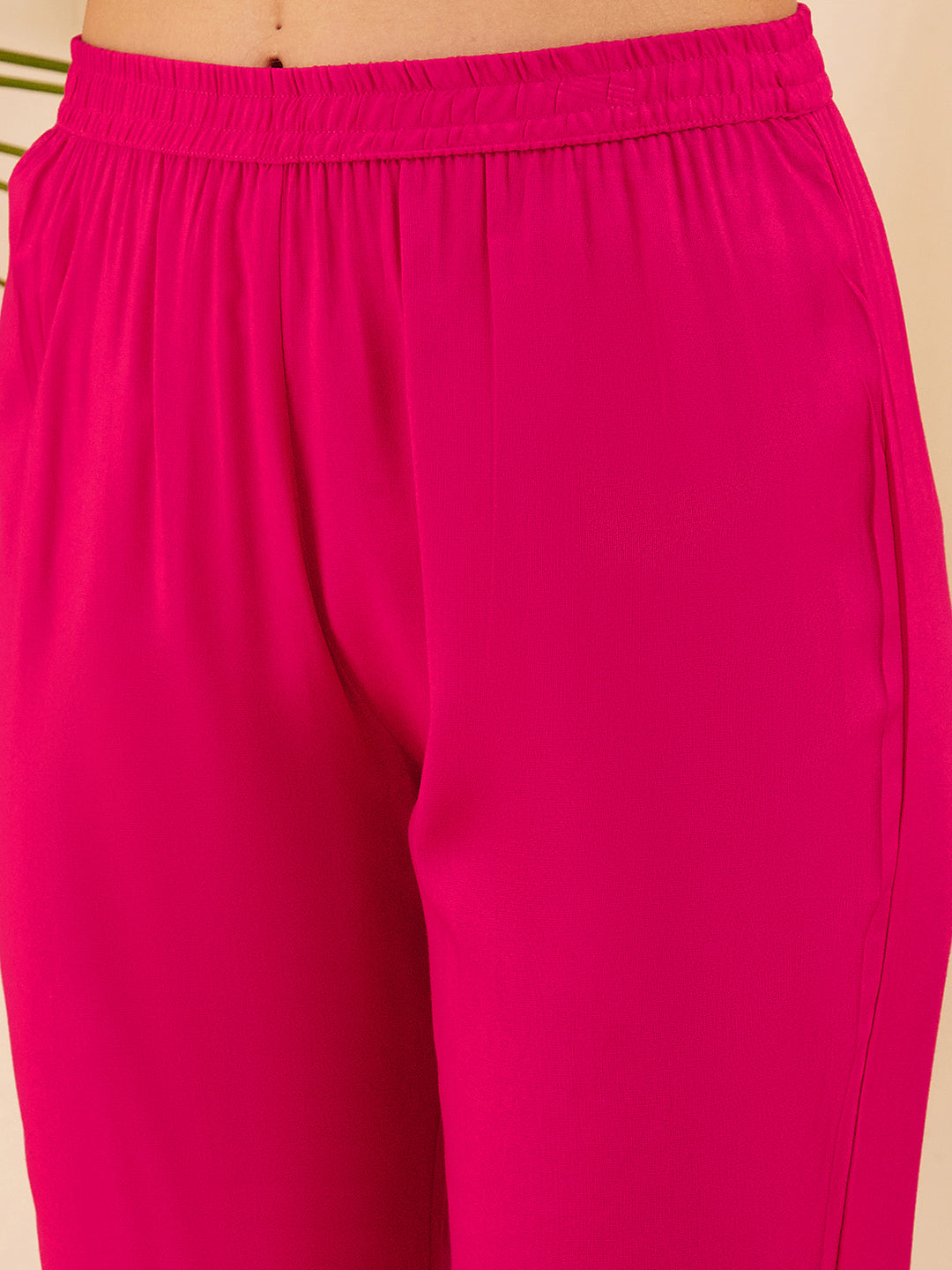 InWeave Women's Fuchsia Round Neck Square Gota Work Kurta Pant Set - Swadesiicart