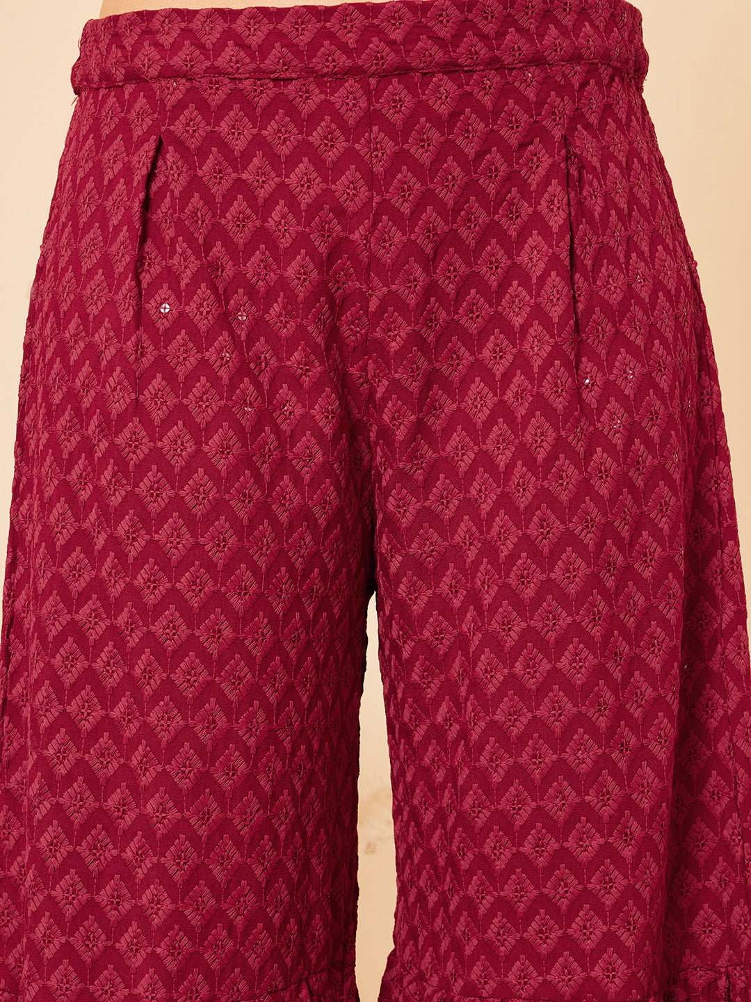 InWeave Women's Maroon Chikankari Long Anarkali Kurta Palazzo Set W Dupatta - Swadesiicart