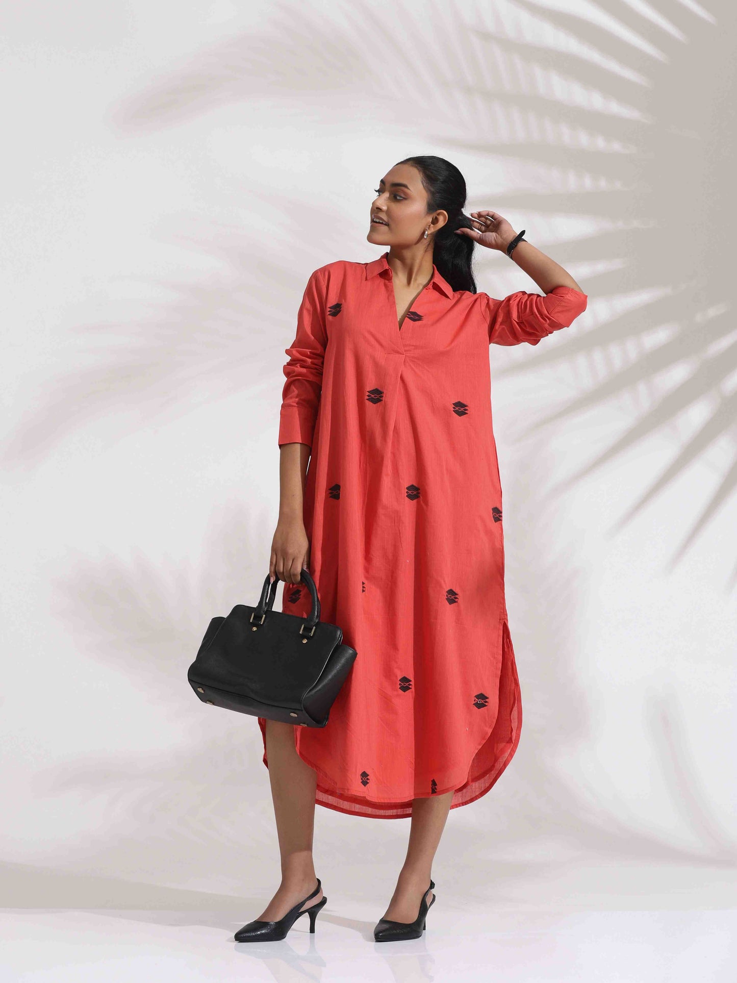 trueBrowns Orange Cotton Embroidered Flared Dress | Swadesiicart
