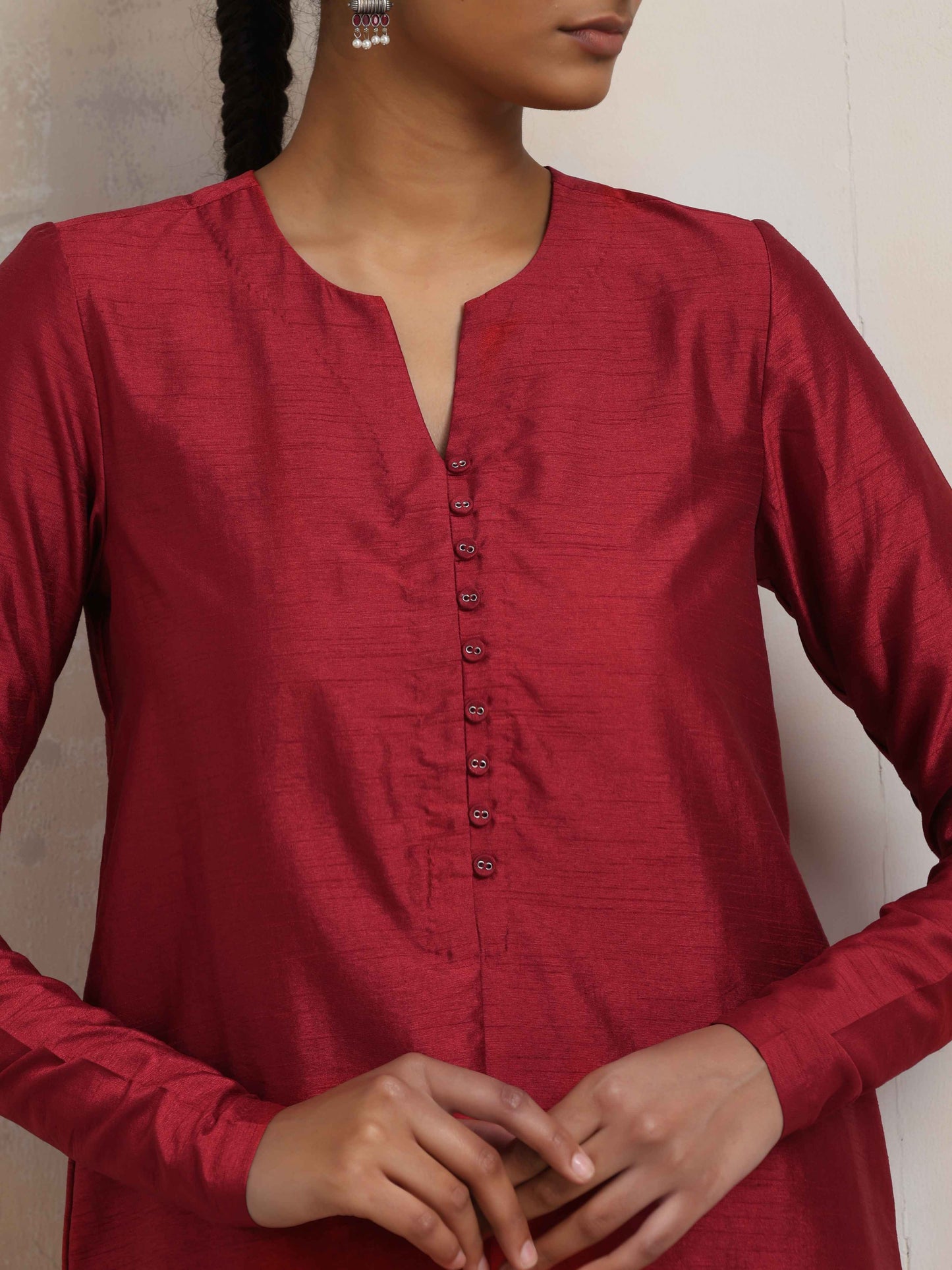 trueBrowns Red Silk Kurta Co-ord Set - Swadesiicart