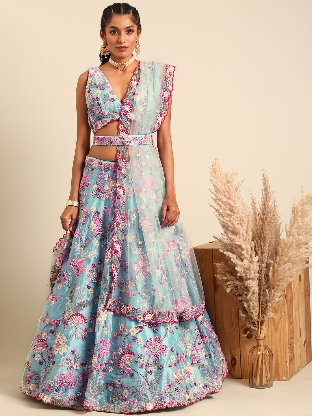 House of Panchhi Turquoise Blue Organza Sequins And Zarkan Embroidery Lehenga Choli & Dupatta | Swadesiicart