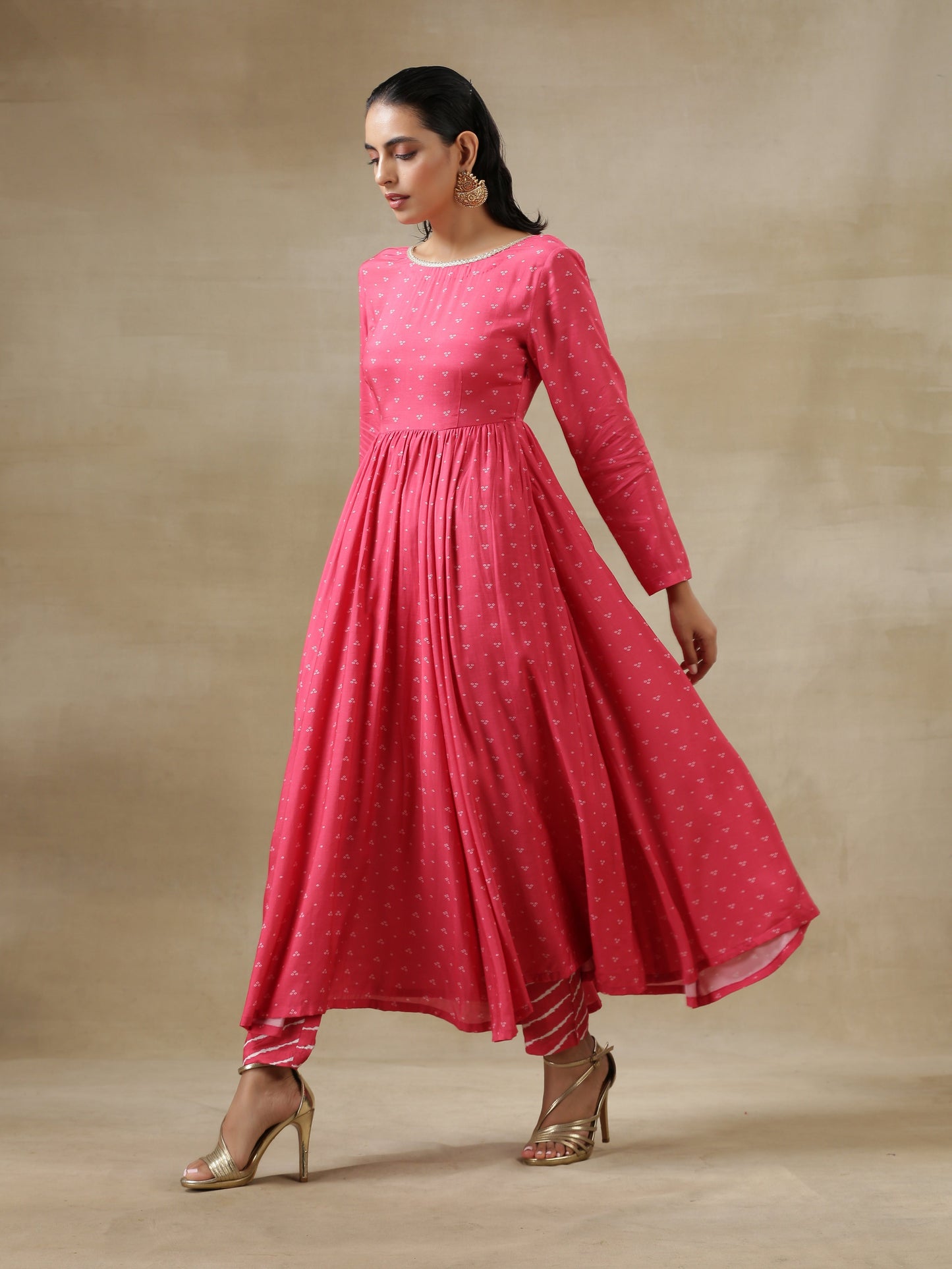 trueBrowns Pink Bandhani Printed Silk Anarkali Kurta Pant Dupatta Set | Swadesiicart