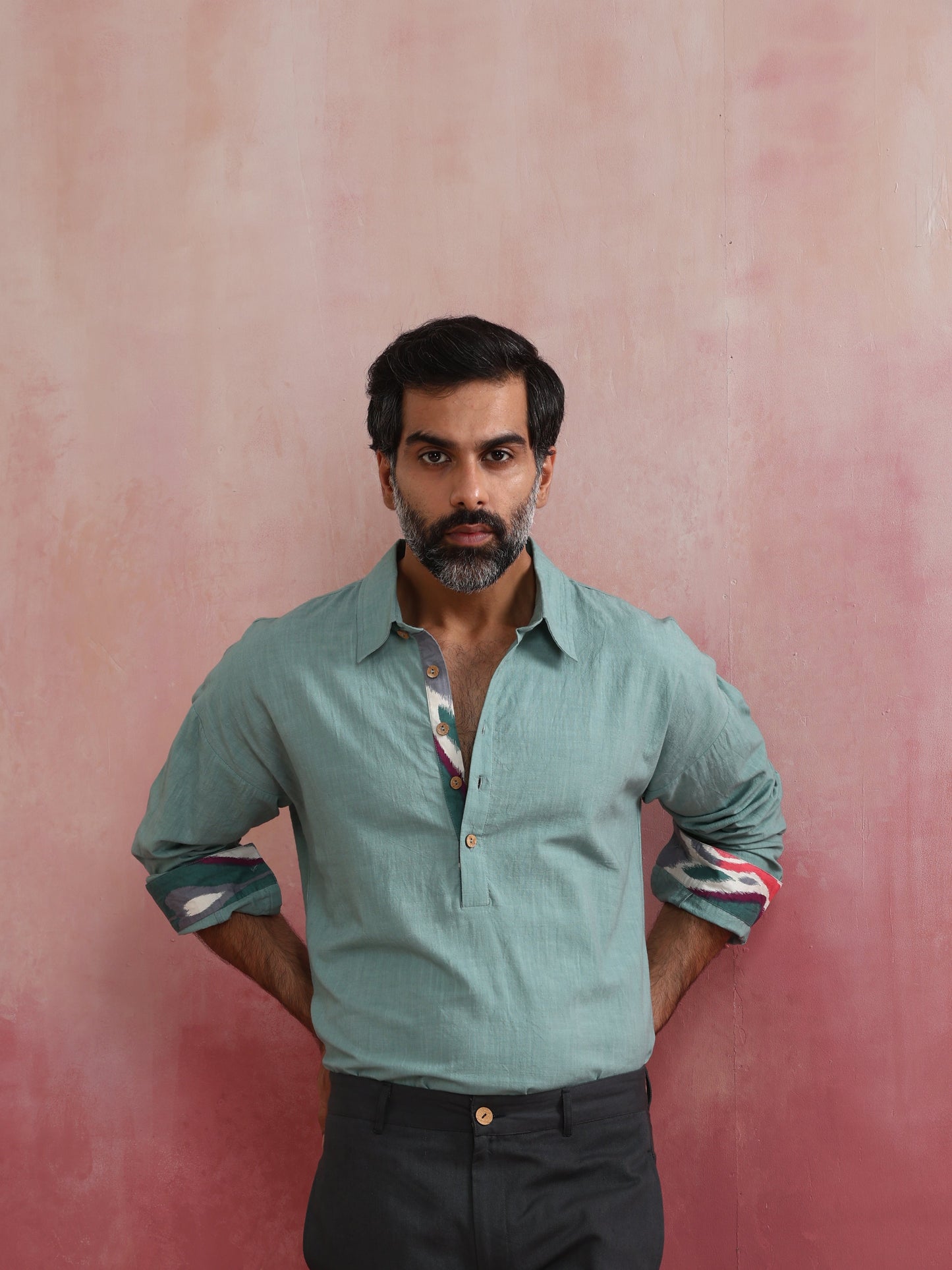 trueBrowns Men's Aqua Blue Cotton Shirt Collar Stylized Kurta | Swadesiicart