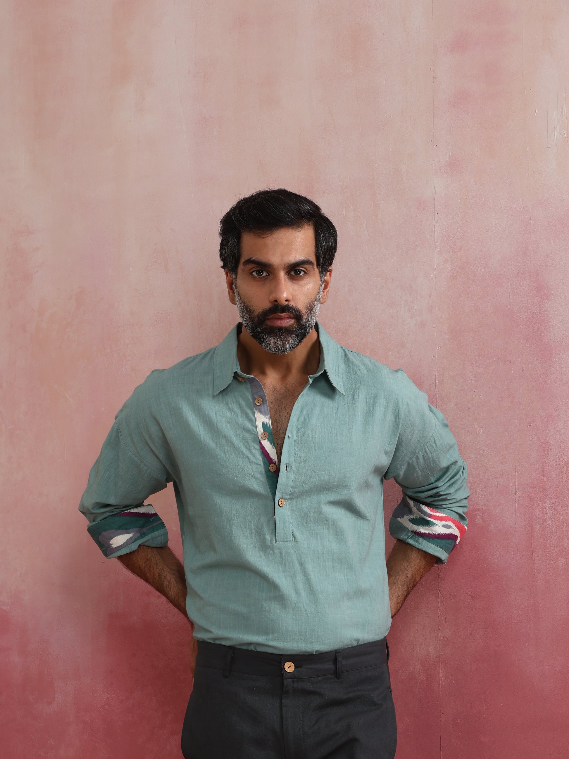 trueBrowns Men's Aqua Blue Cotton Shirt Collar Stylized Kurta | Swadesiicart