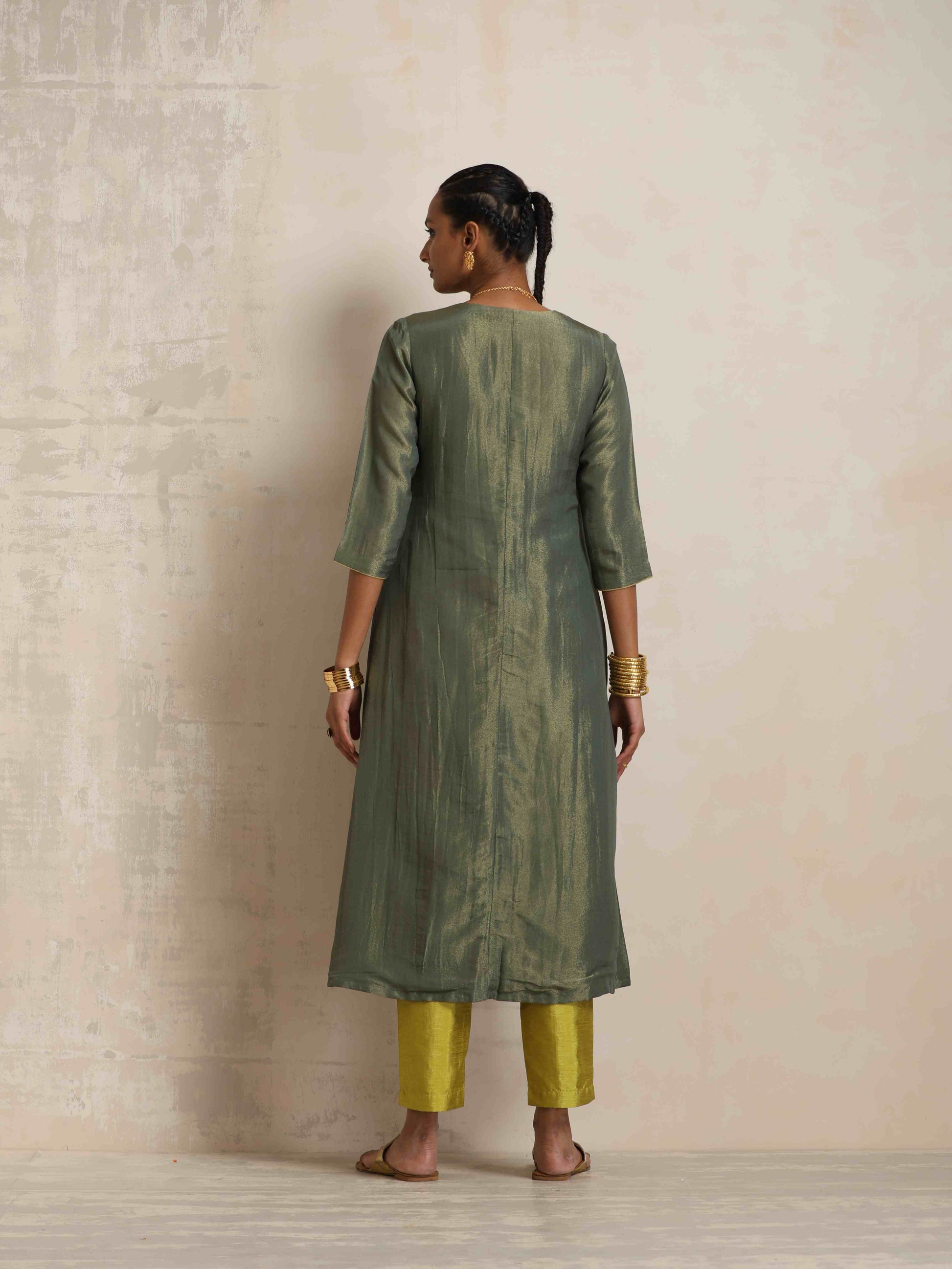trueBrowns Green Tissue A-line Kurta Set | Swadesiicart