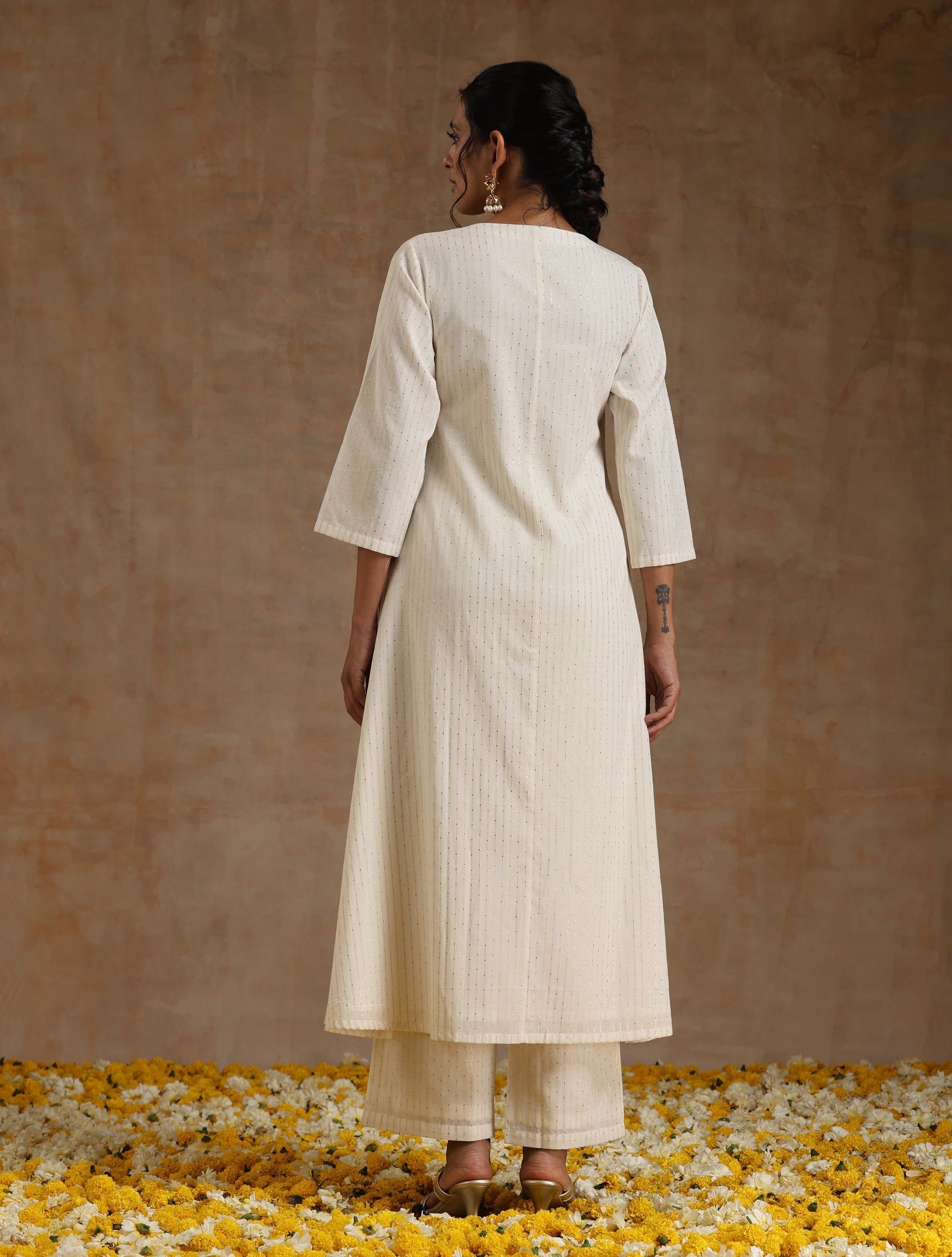 trueBrowns Ivory Gold Cotton Angrakha Kurta Set | Swadesiicart
