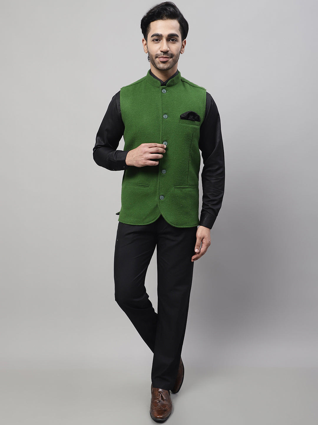Even Apparels Men's Green Pure Wool Nehru Jacket | Swadesiicart