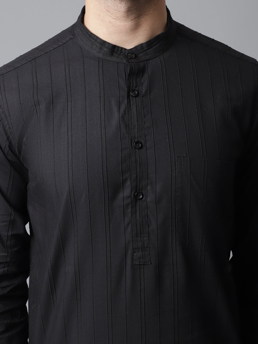 Even Apparels Black Striped Kurta With Band Collar | Swadesiicart