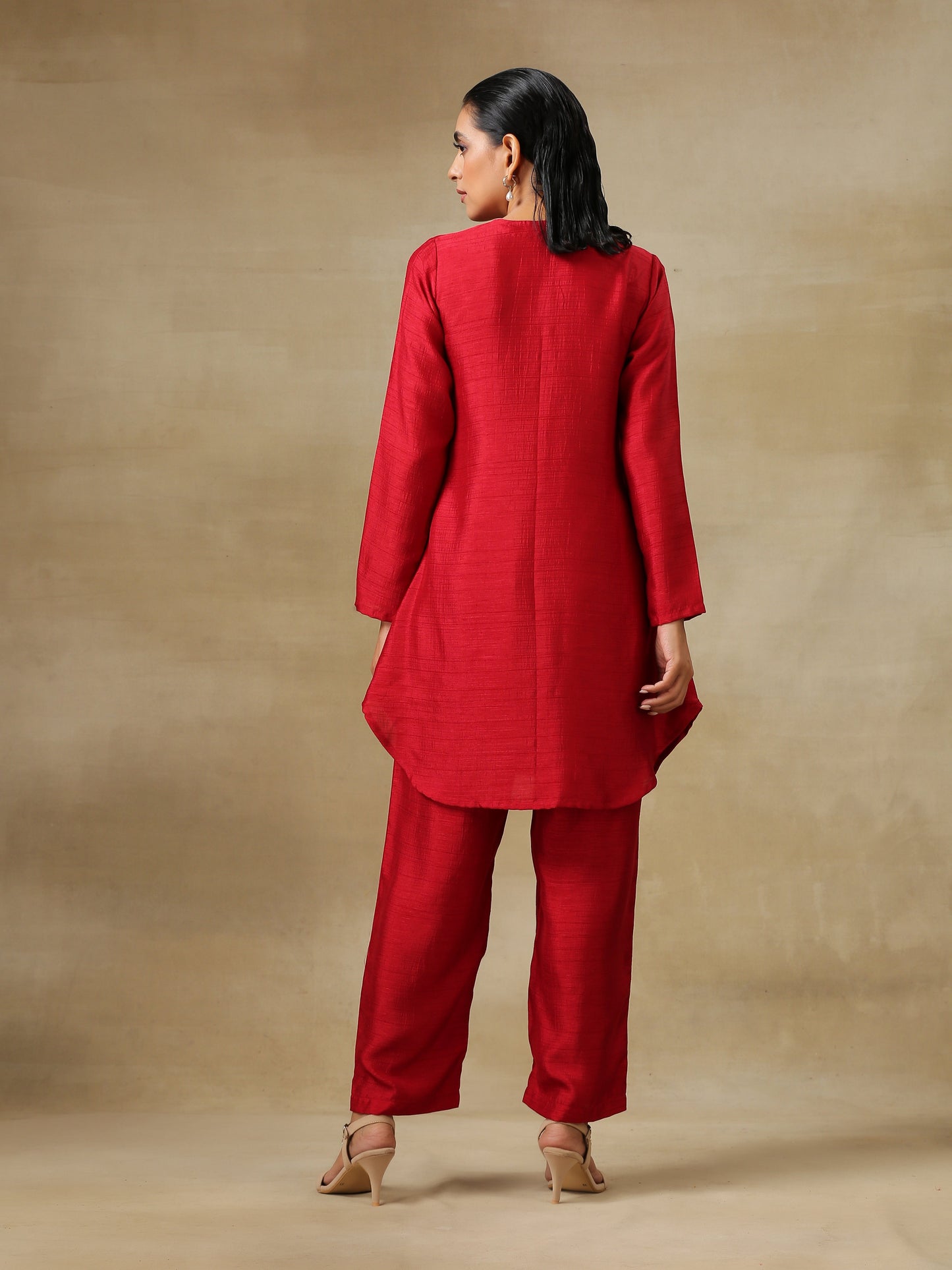 trueBrowns Maroon Textured Silk Front Placket Co-Ord Set - Swadesiicart