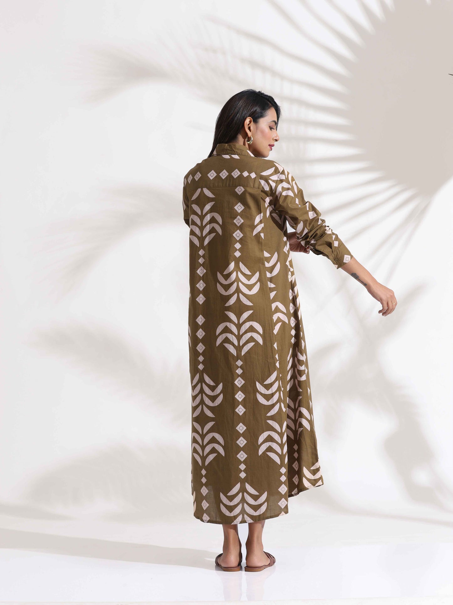 trueBrowns Olive Green Cotton Print Shirt Dress | Swadesiicart