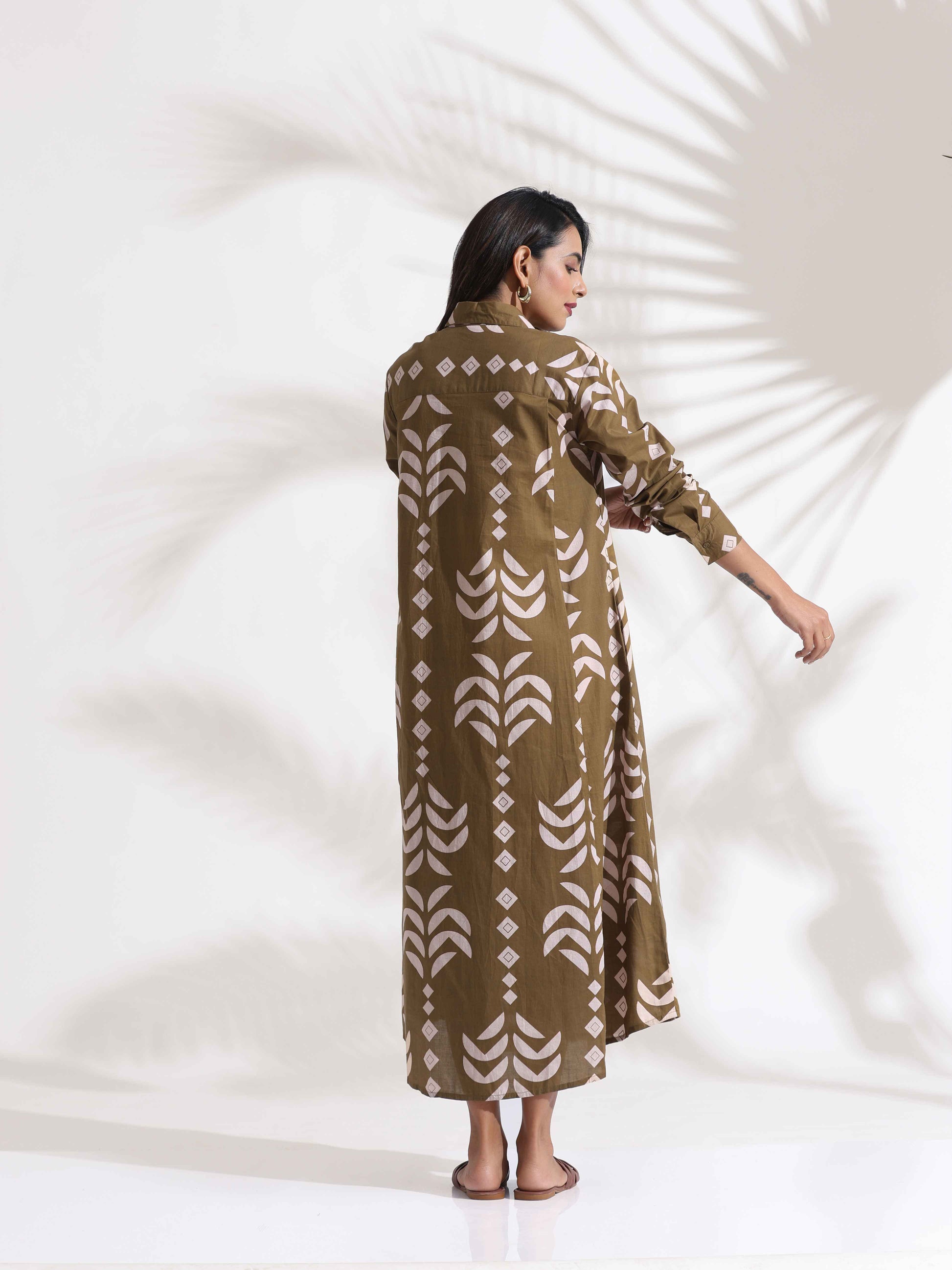 trueBrowns Olive Green Cotton Print Shirt Dress | Swadesiicart