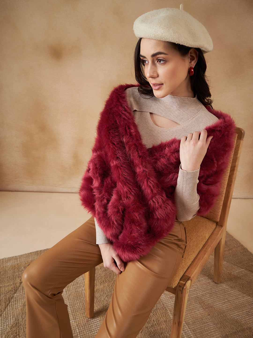 InWeave Women's Bright Rust Fur Cape - Swadesiicart
