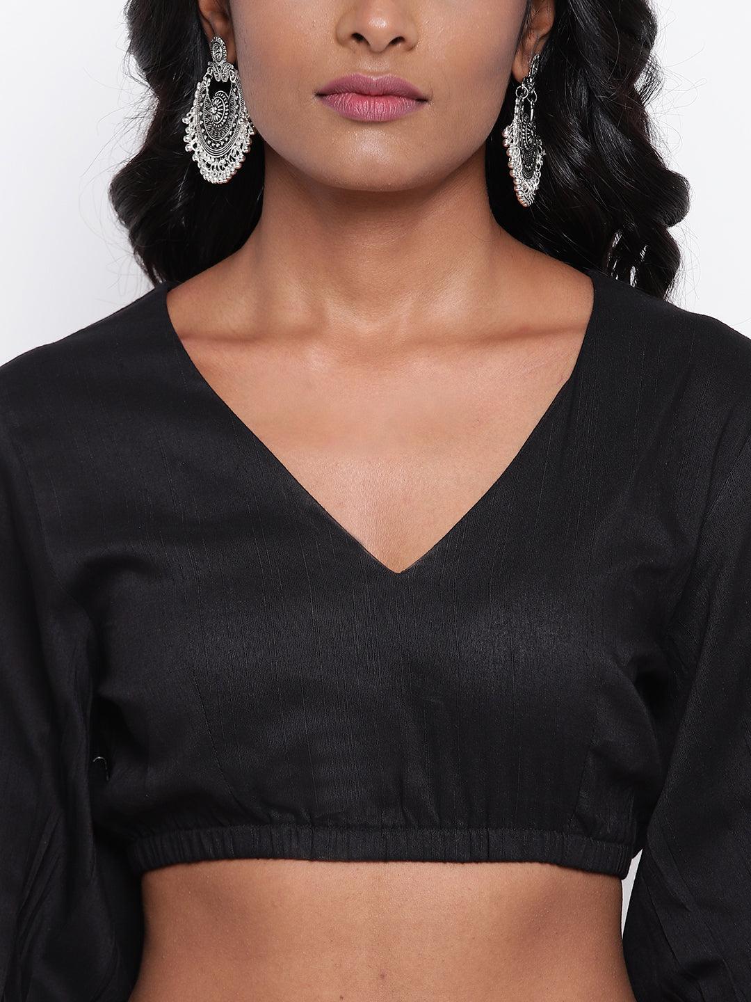 trueBrowns Black Gathered Sleeve Top | Swadesiicart