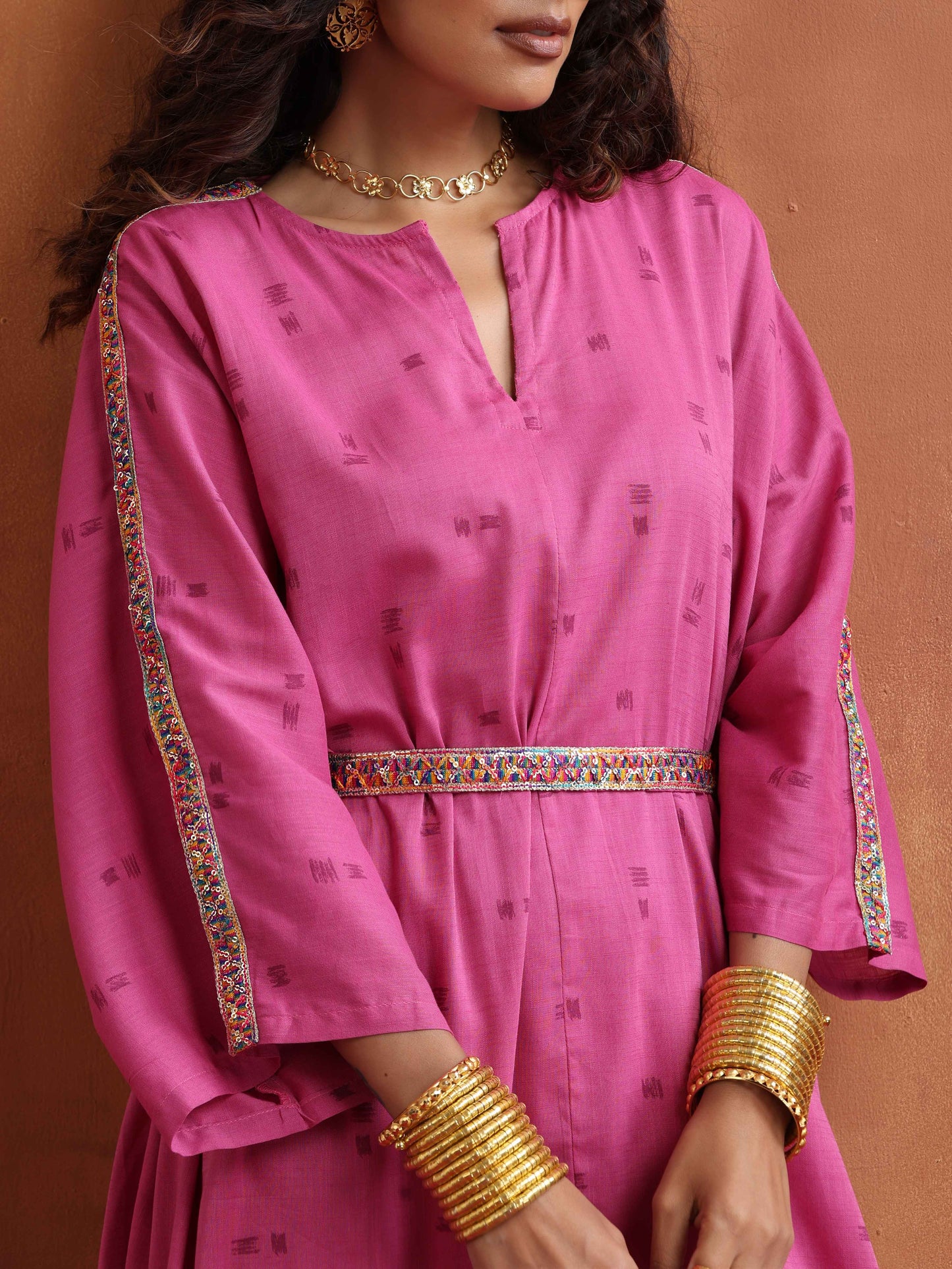 trueBrowns Pink Print Kaftan Kurta Co-ord Set - Swadesiicart