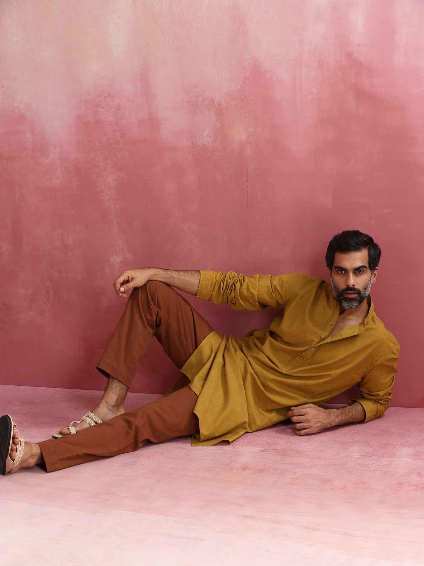 trueBrowns Men's Mustard Mandarin Collar Kurta | Swadesiicart