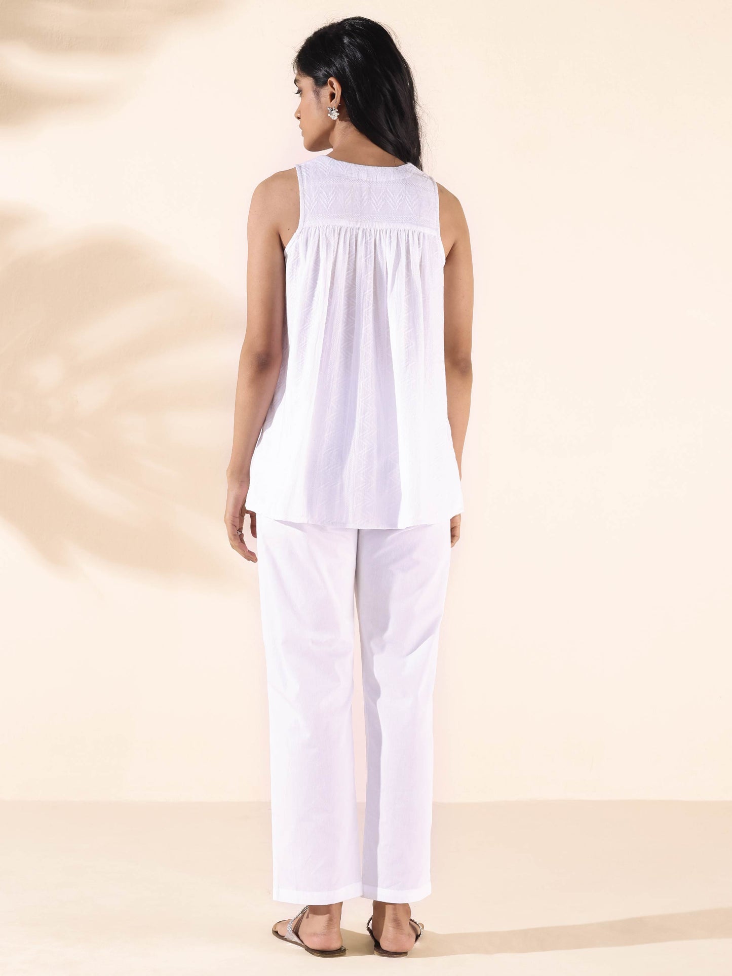 trueBrowns White Cotton Dobby Flared Co-ord Set - Swadesiicart