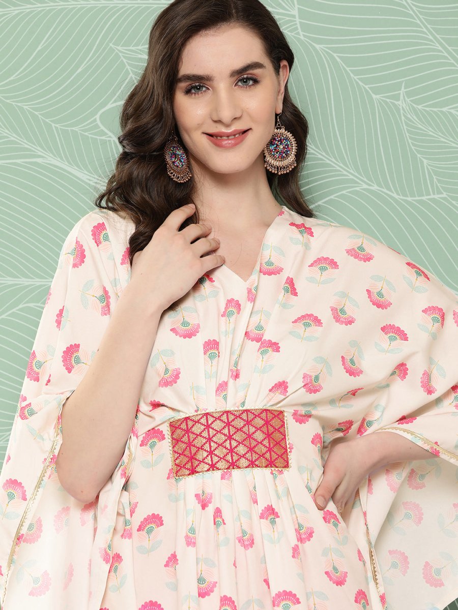 Ahalyaa Women Floral Printed Flared Sleeves Gotta Patti Crepe Kaftan Kurta | Swadesiicart
