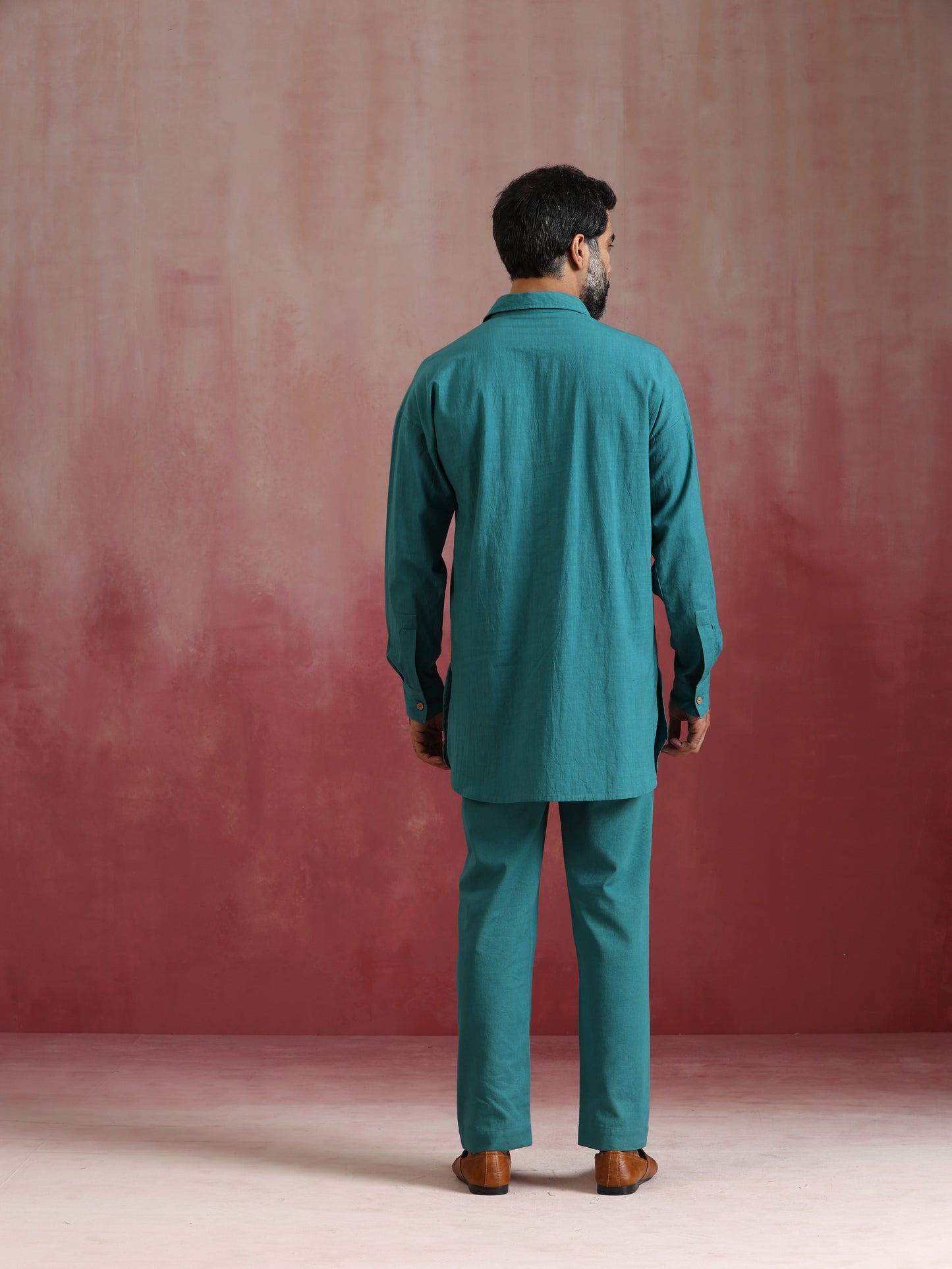 trueBrowns Men's Teal Cotton Shirt Collar Stylized Kurta Co-ord set - Swadesiicart