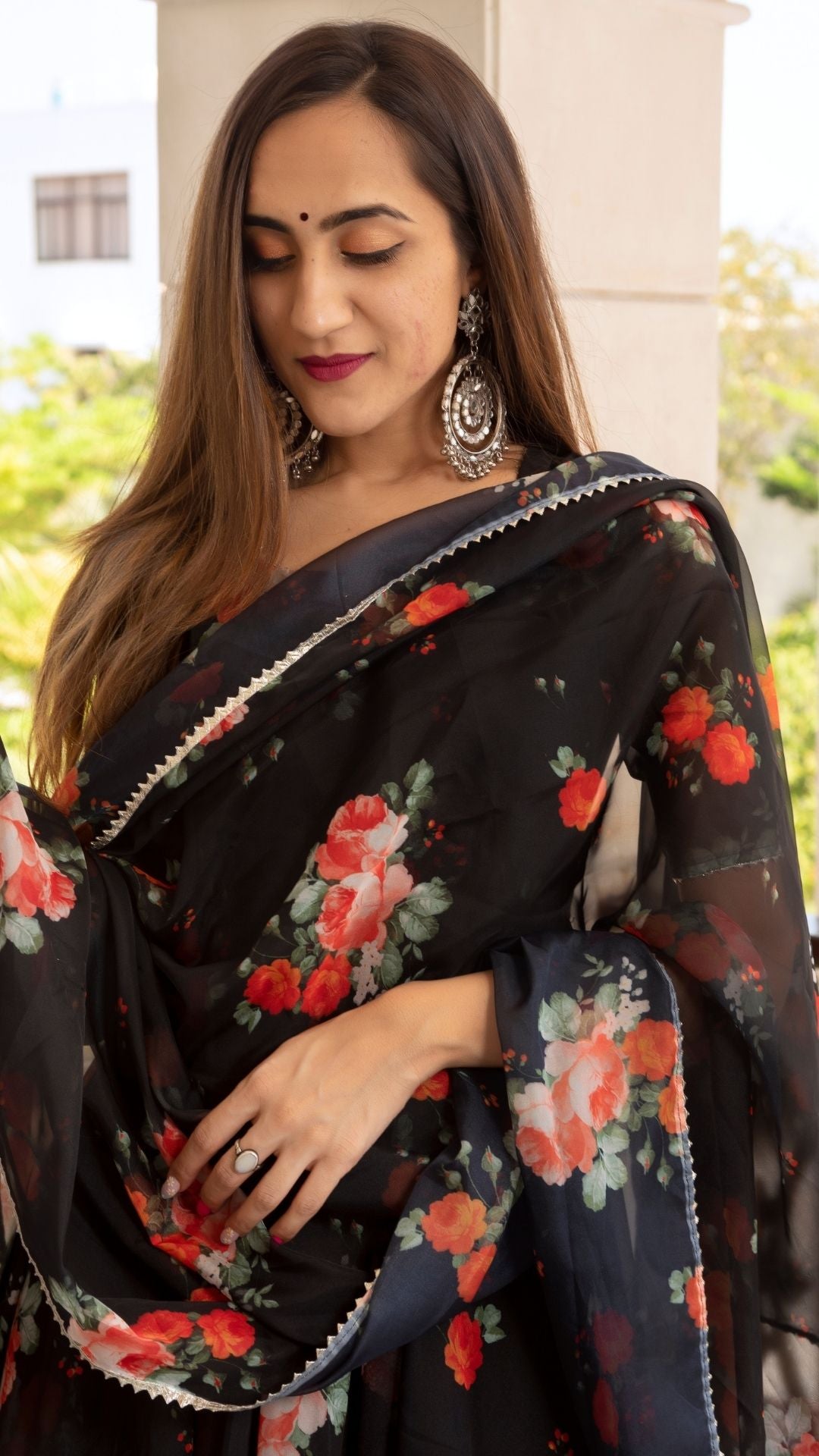 Pomcha Jaipur Red And Black Organza Anarkali Set | Swadesiicart