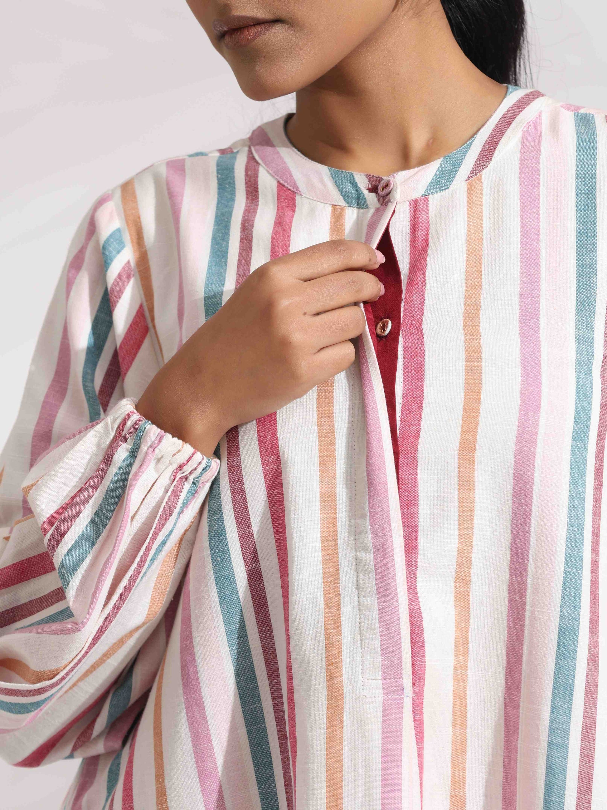 trueBrowns Off-White Cotton Multi Stripe Short Dress | Swadesiicart
