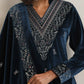 trueBrowns Blue Velvet Embroidered Kurta Pant Dupatta Set | Swadesiicart