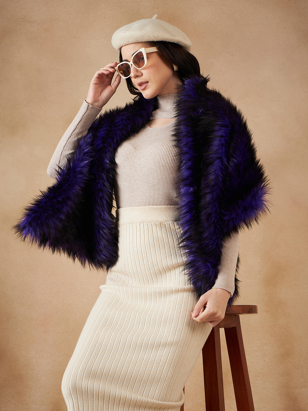 InWeave Purple Black Faux Fur Cape - Swadesiicart