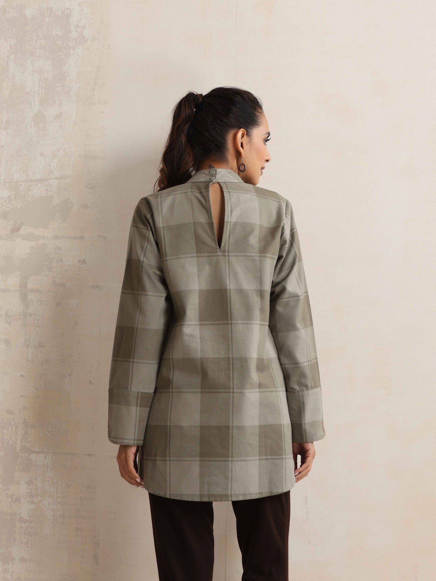 trueBrowns Green Check High Neck Winter Top | Swadesiicart