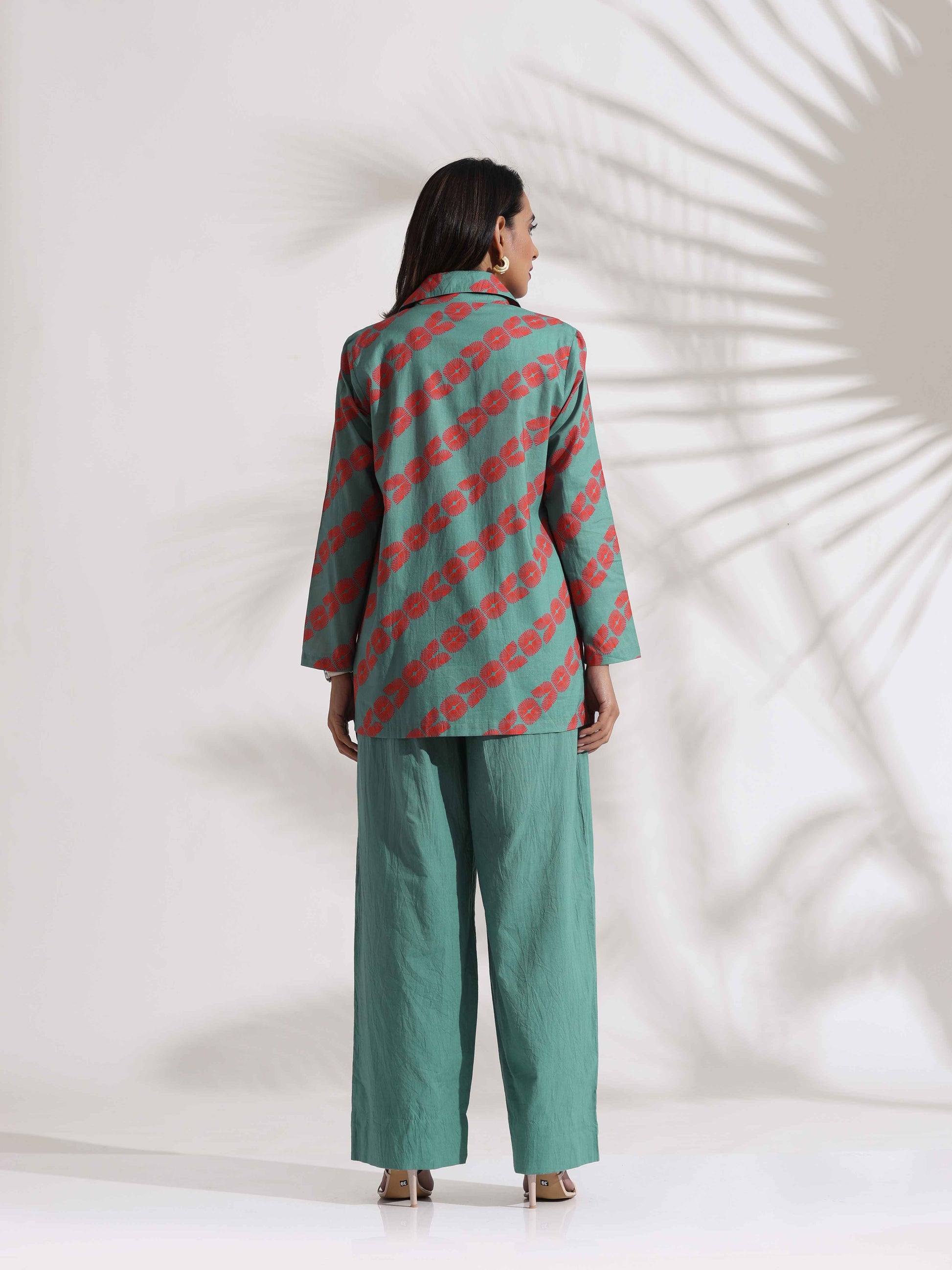 trueBrowns Green Cotton Print Jacket Top Co-ord Set - Swadesiicart