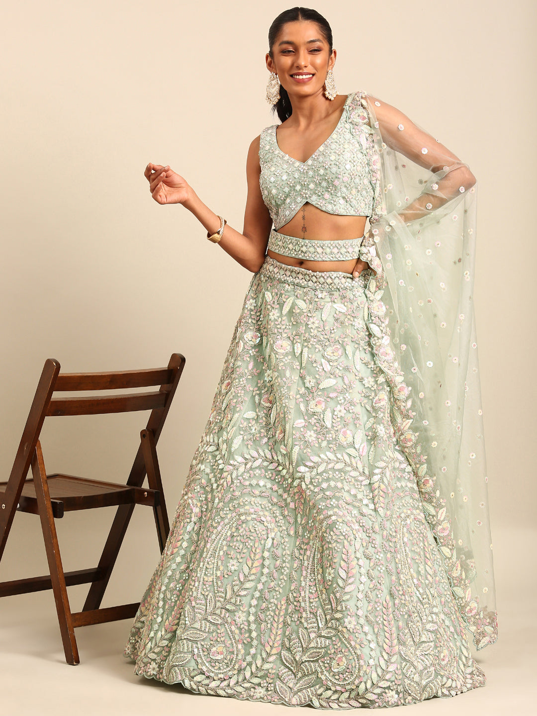 House of Panchhi Sea green Net Multi Sequins with heavy Zarkan embroidery Lehenga choli & Dupatta | Swadesiicart