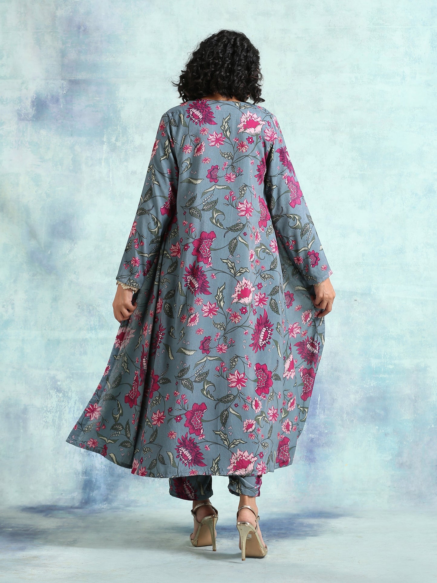 trueBrowns Grey Printed Velvet Overlay Jacket | Swadesiicart