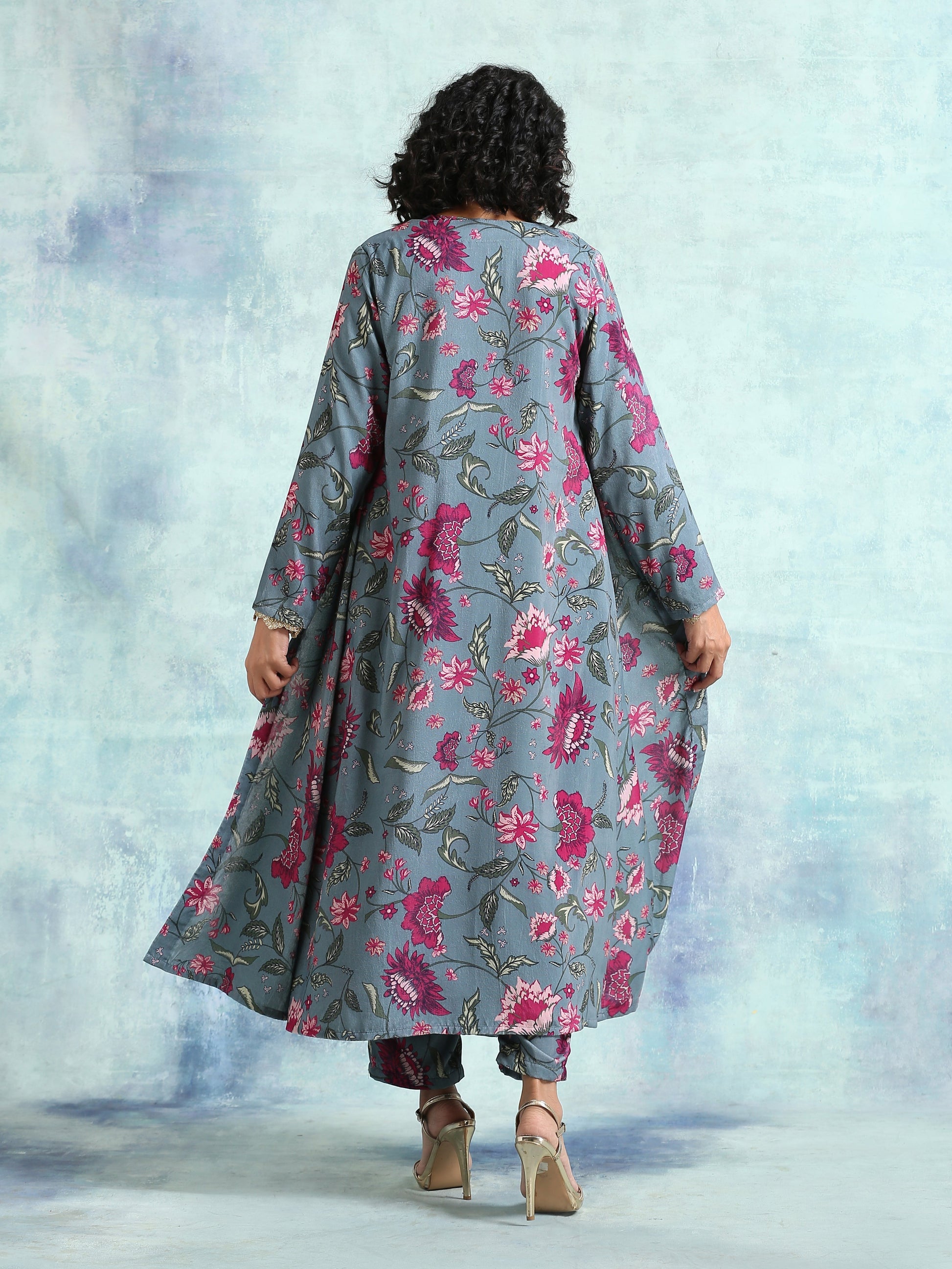 trueBrowns Grey Printed Velvet Overlay Jacket | Swadesiicart