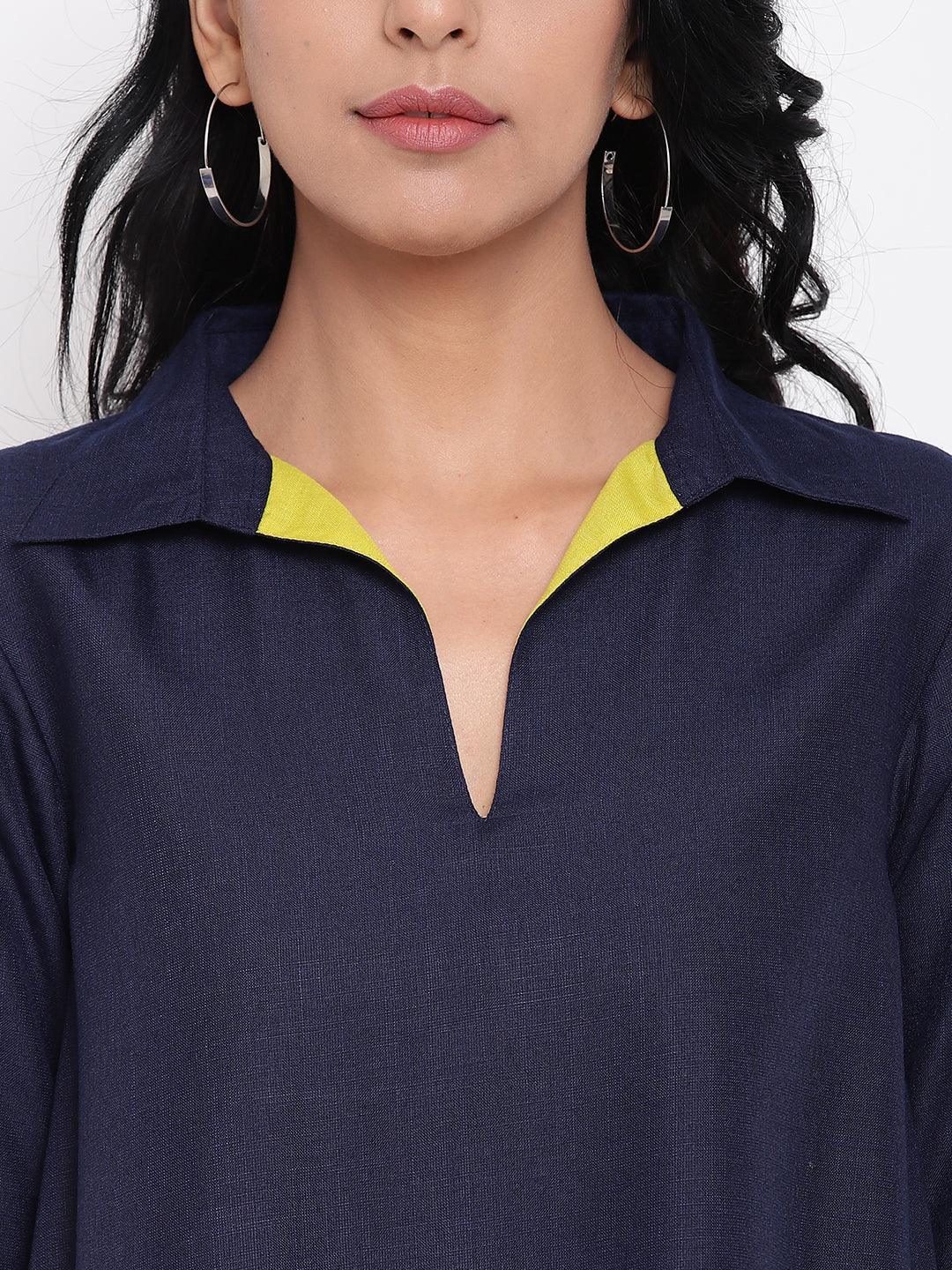 trueBrowns Linen Cotton Blue Collared Dress | Swadesiicart