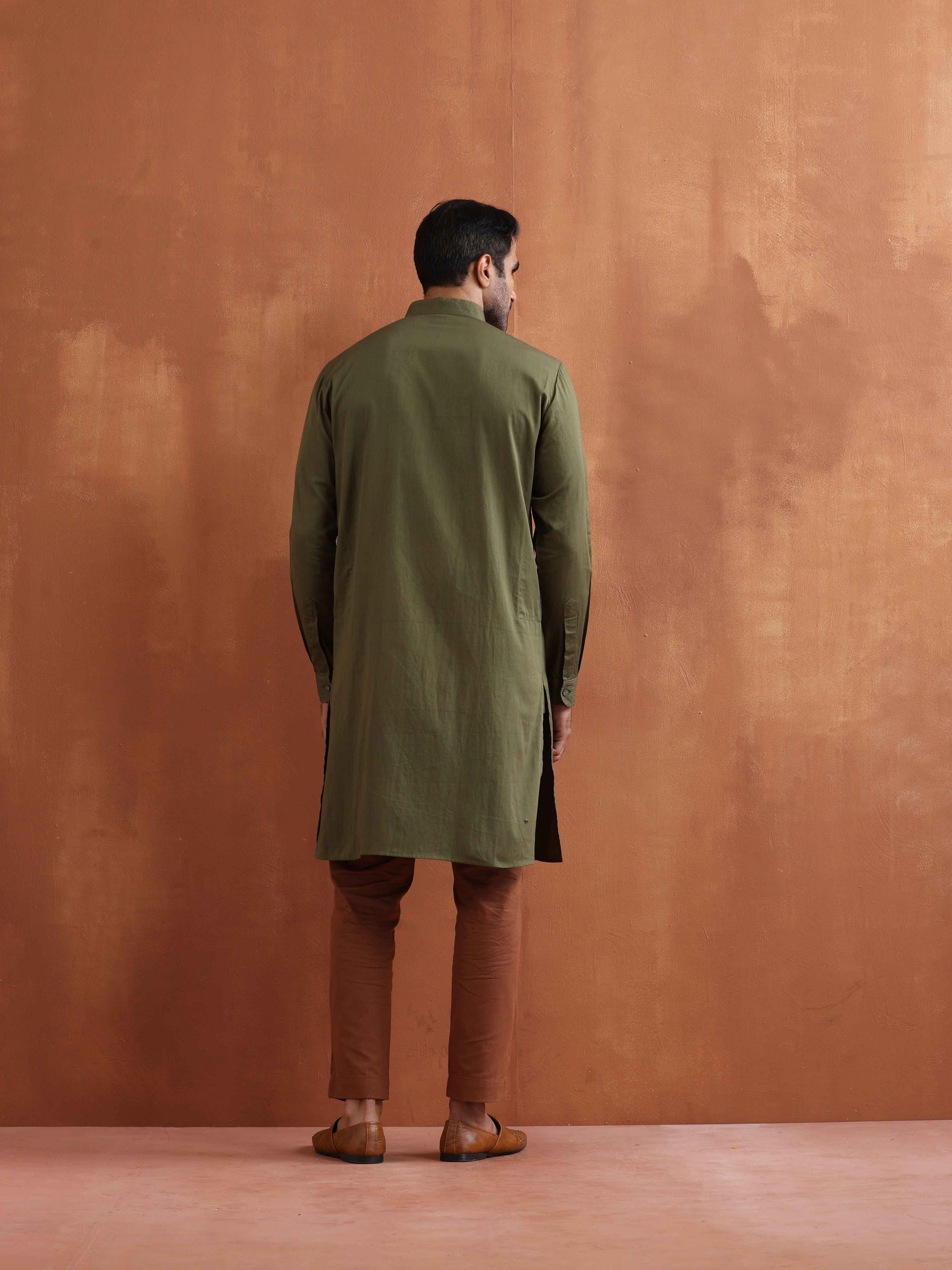 trueBrowns Men's Olive Green Cotton Front Open Kurta | Swadesiicart