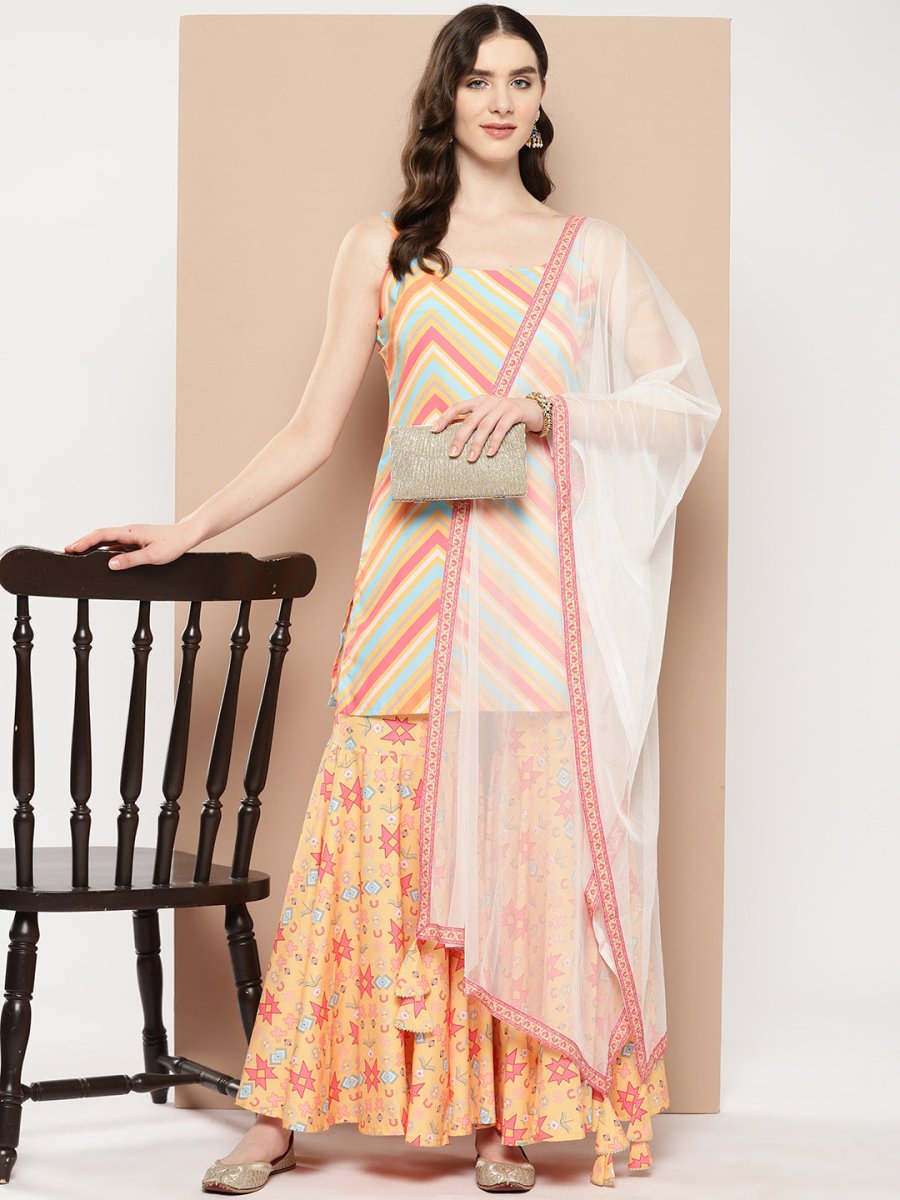 Ahalyaa Women Printed Regular Gotta Patti Kurti with Sharara & With Dupatta | Swadesiicart
