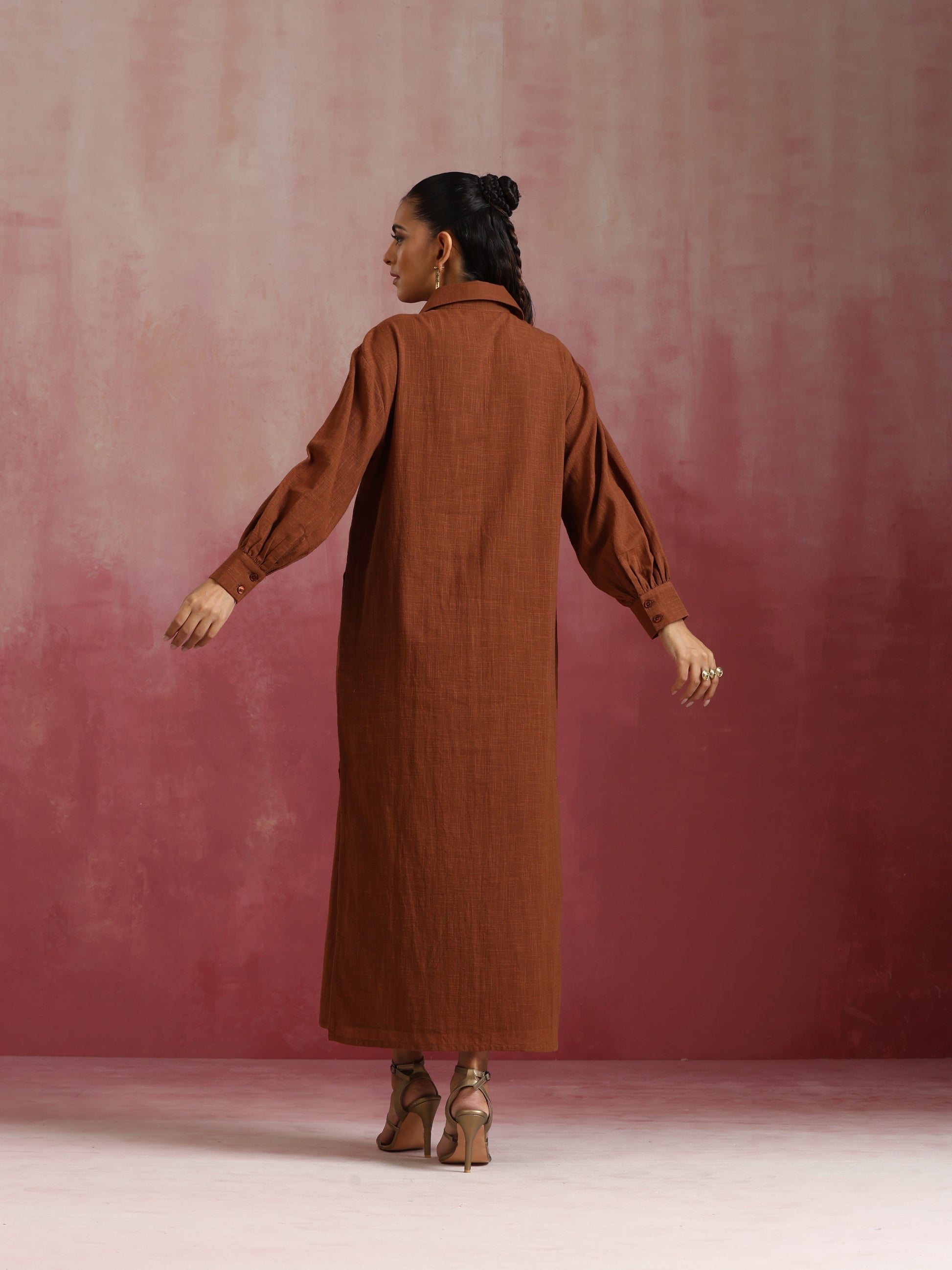 trueBrowns Brown Cotton Dobby Dress | Swadesiicart