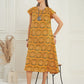 InWeave Women's Haldi Yellow Mughal Kalamkari A Line Dress - Swadesiicart