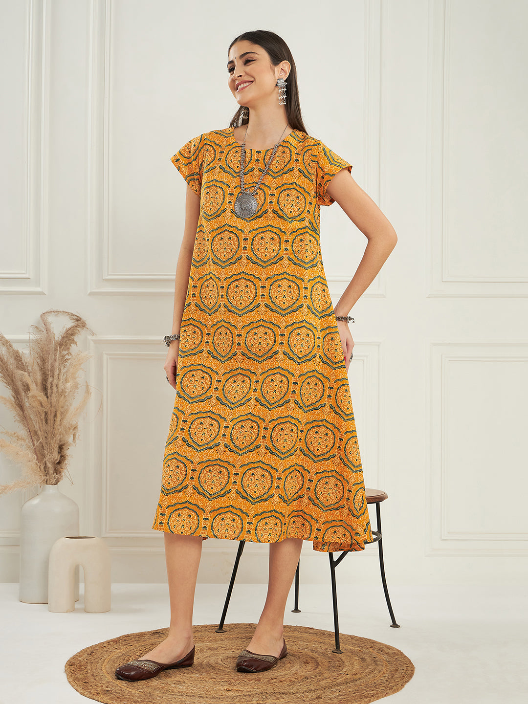 InWeave Women's Haldi Yellow Mughal Kalamkari A Line Dress - Swadesiicart