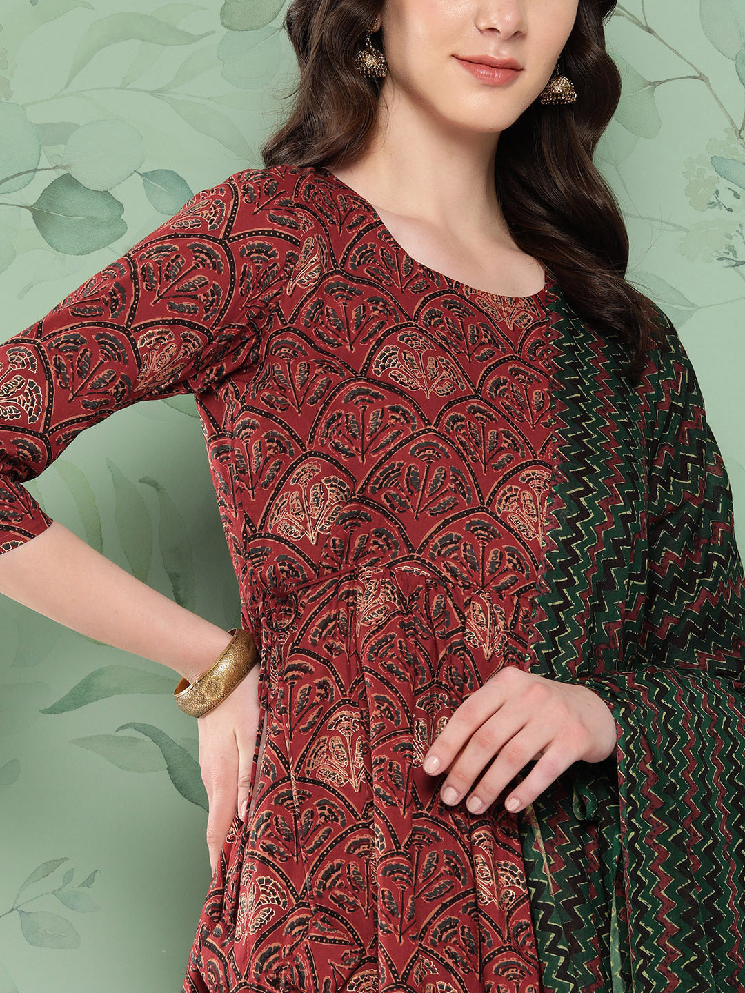 InWeave Women's Long Kurta Set Rust Ajrakh With Green Ajrakh Dupatta - Swadesiicart