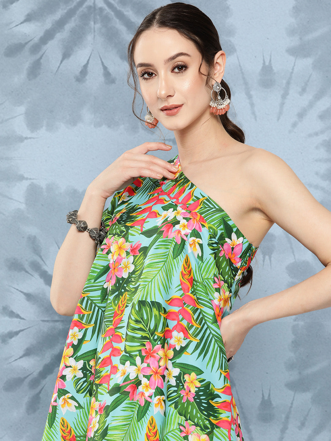 InWeave Women's Mint Green Leaf Japanese Art Oneshoulder Top - Swadesiicart