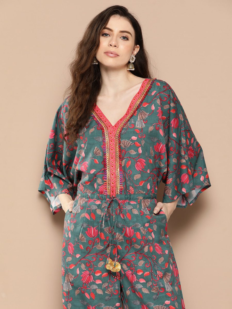 Ahalyaa Printed Basic Jumpsuit with Lace Inserts | Swadesiicart