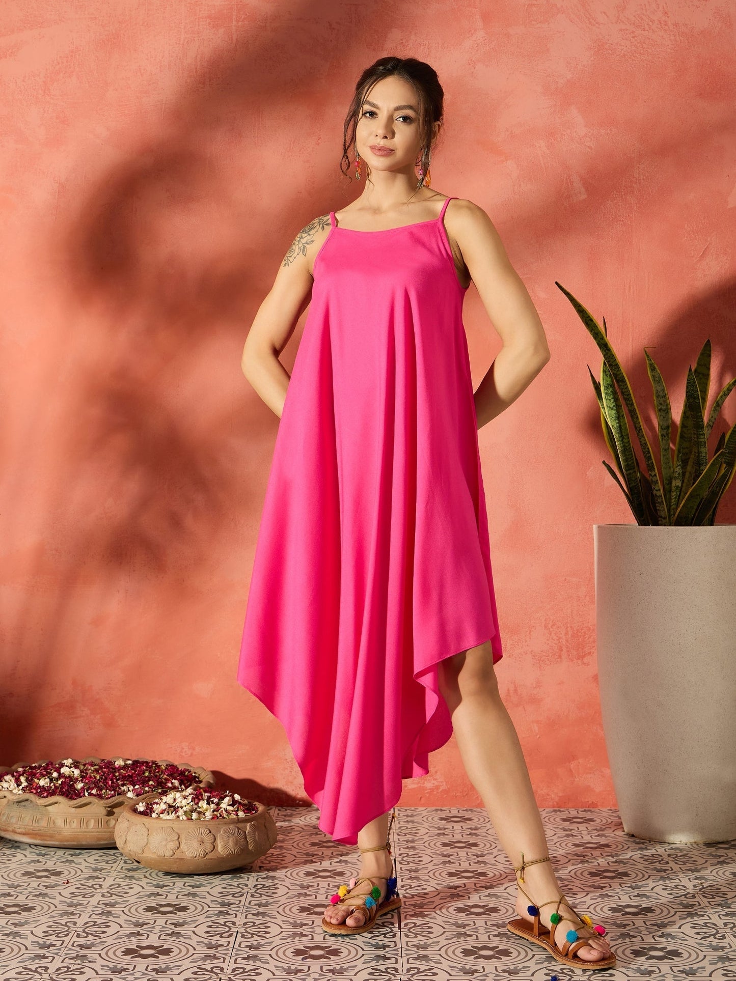 InWeave Black Floral Fuchsia Asymmetrical Dress - Swadesiicart