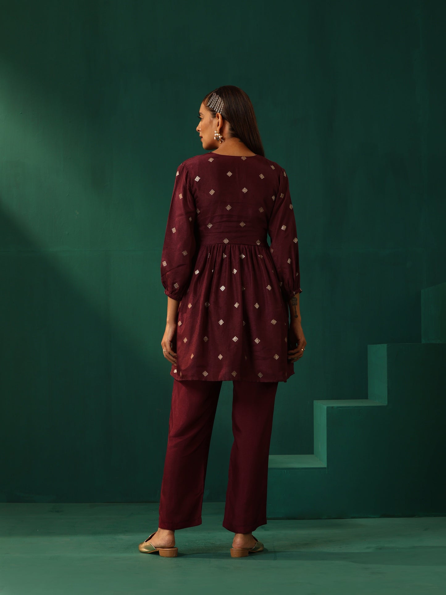 trueBrowns Wine Diamond Viscose Silk Waist Gathered Co-ord Set - Swadesiicart