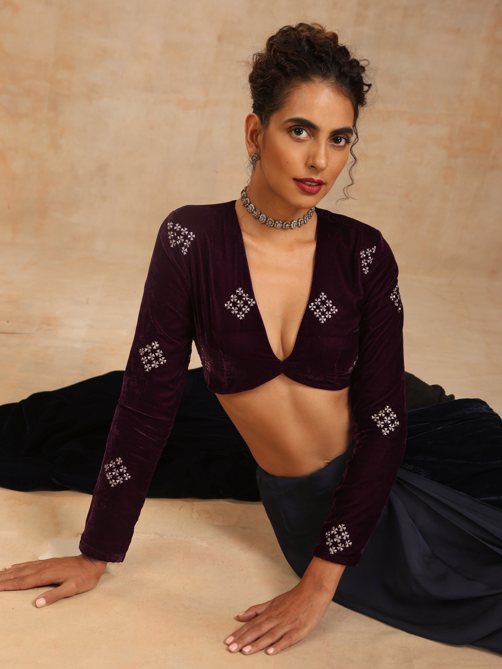 trueBrowns Wine Velvet Embroidered Blouse | Swadesiicart