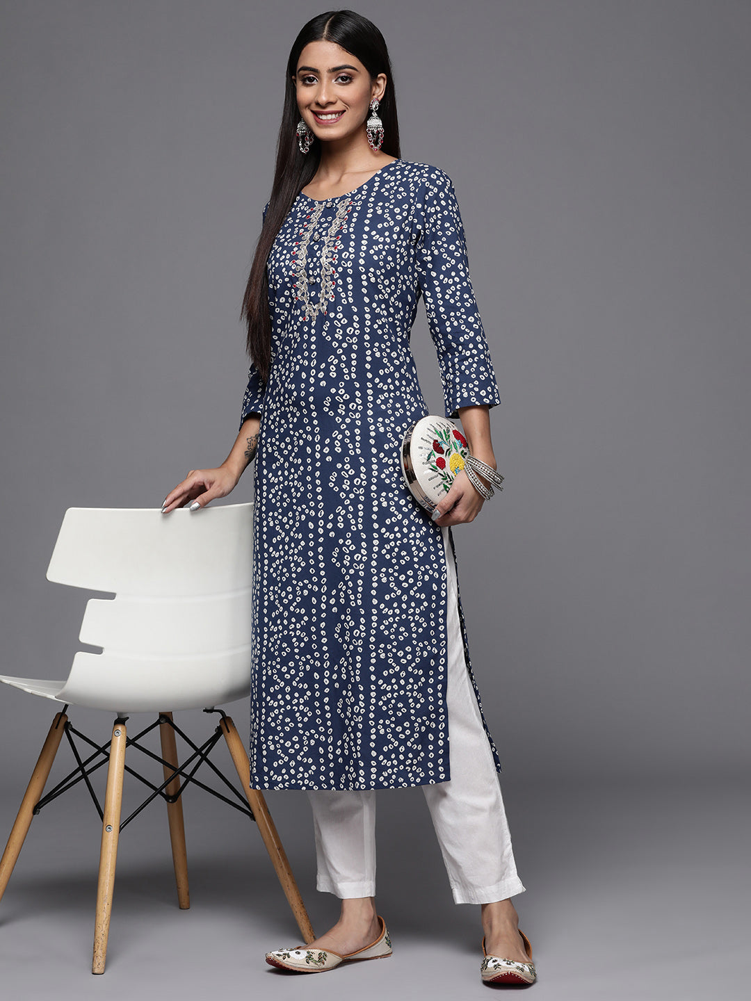 Indian Clothing Varanga Blue Bandhani Print Embroidered Kurta Has Round Neck - Swadesiicart